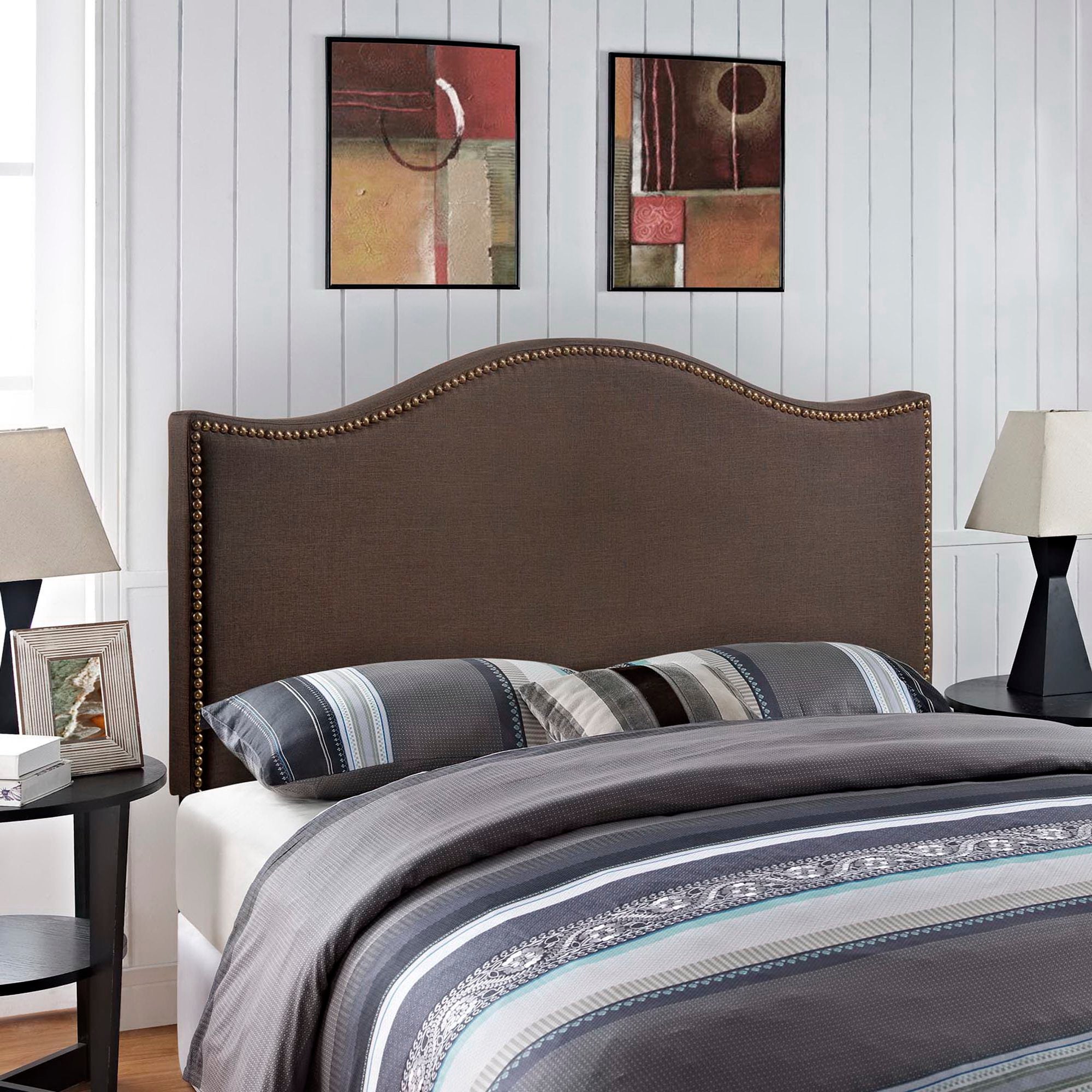 Curl Nailhead Upholstered Queen Headboard, Dark Brown