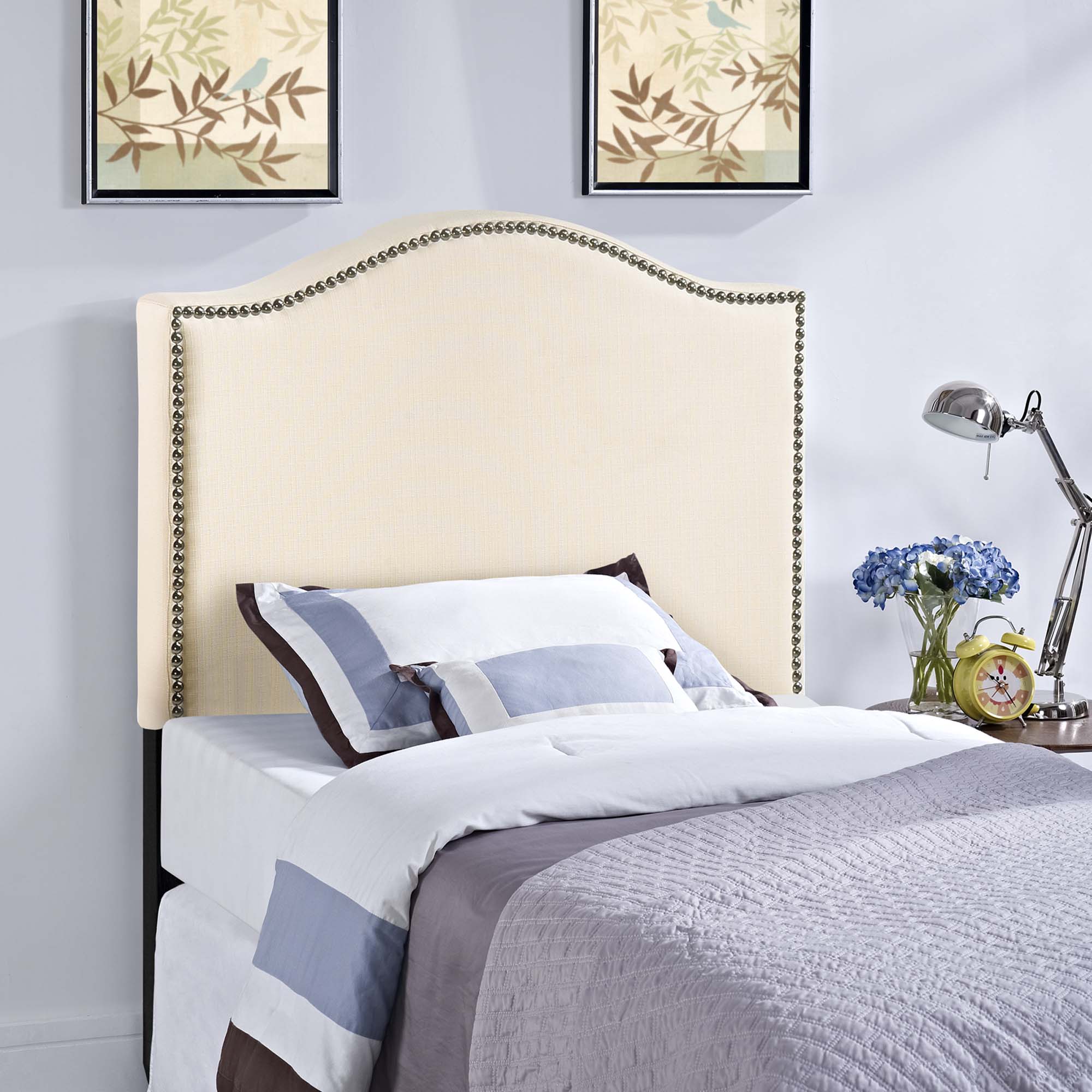 Curl Nailhead Upholstered Twin Headboard, Ivory