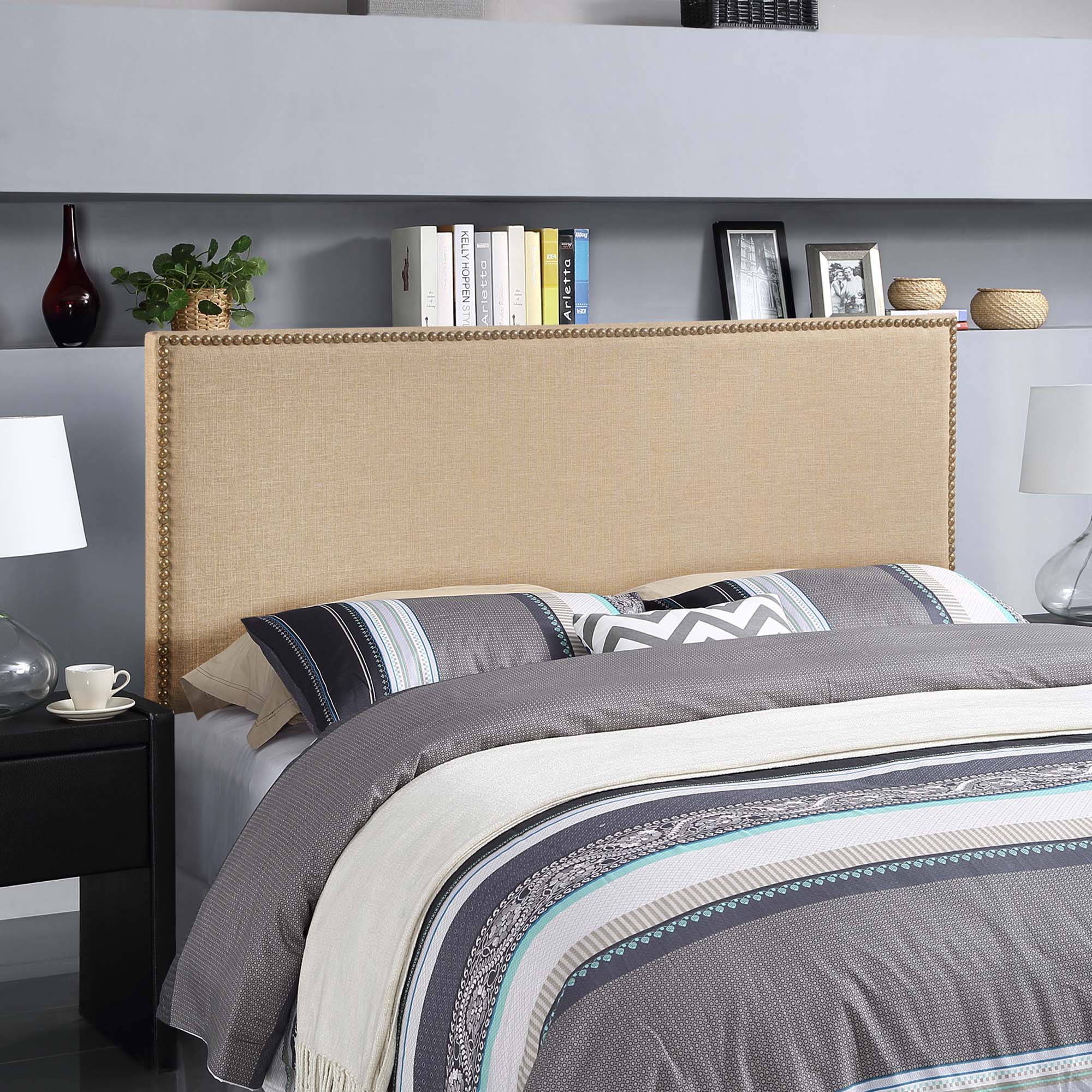 Region Nailhead Upholstered Queen Headboard, Cafe