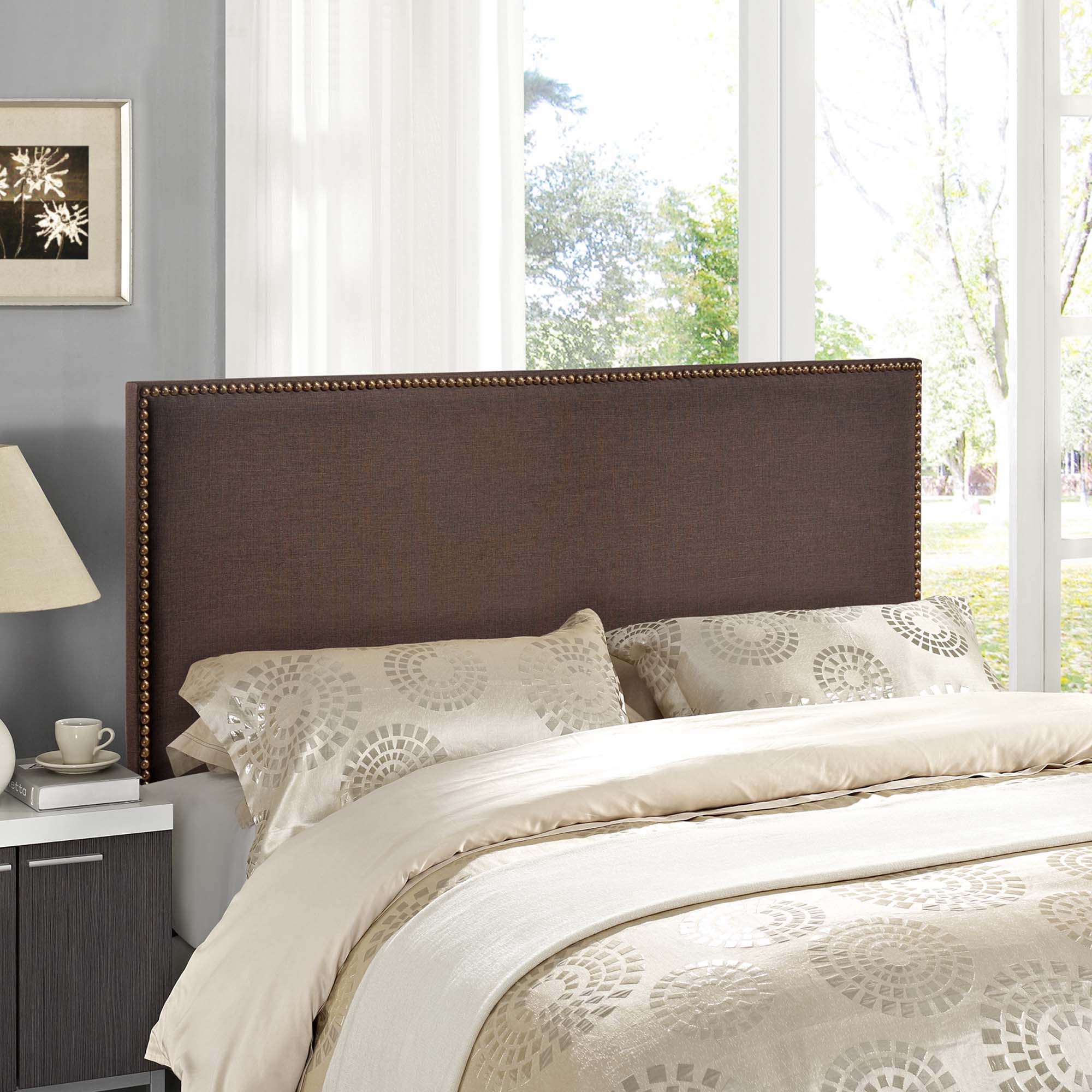 Region Nailhead Upholstered Queen Headboard, Dark Brown
