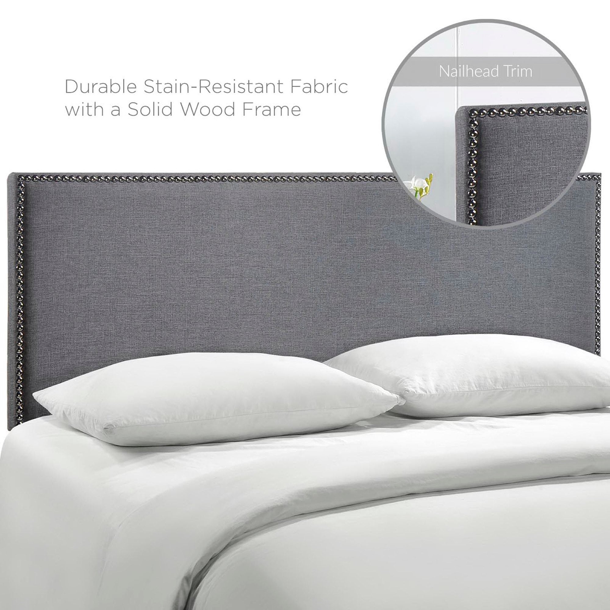 Region Nailhead Upholstered Queen Headboard, Smoke