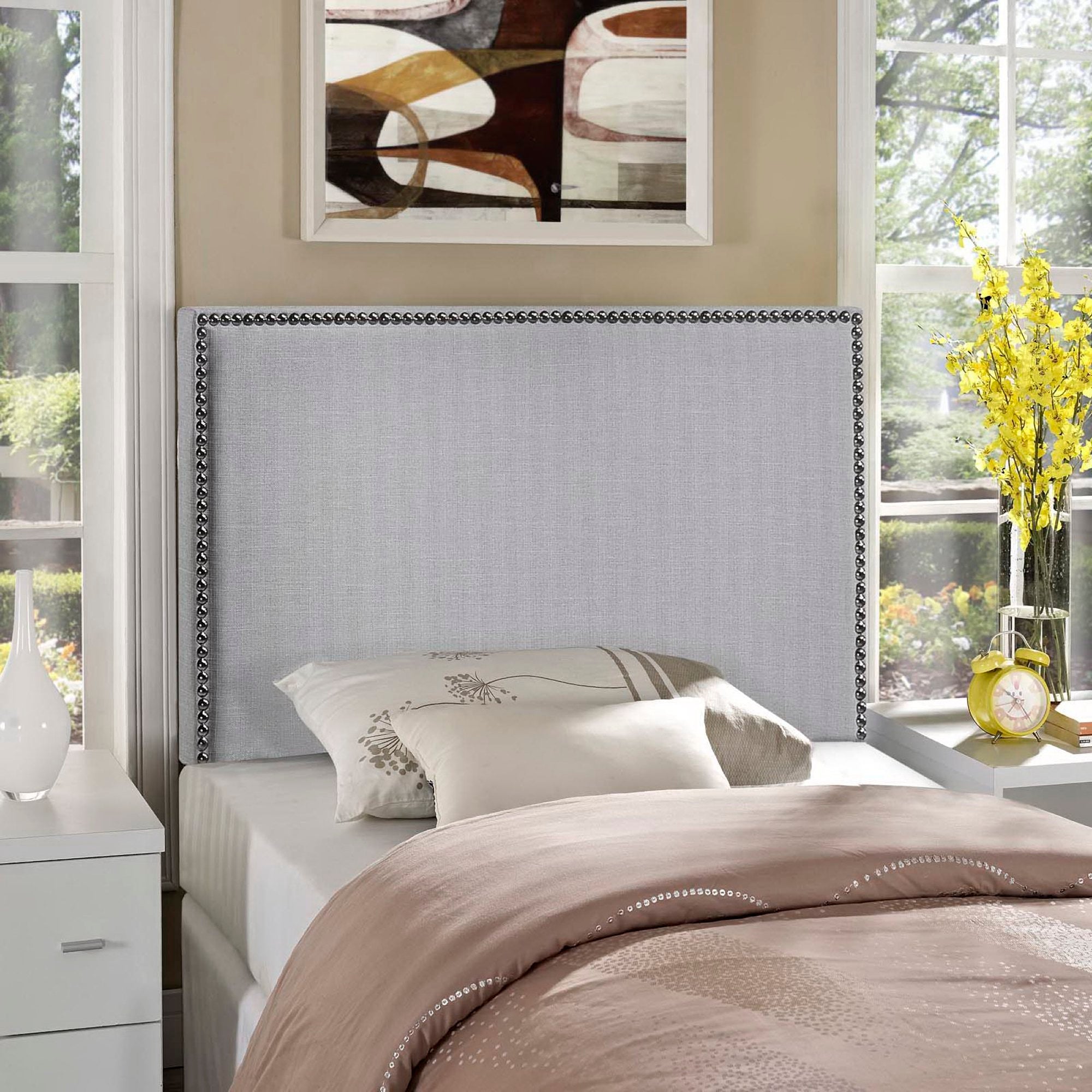 Region Nailhead Upholstered Twin Headboard, Sky Gray
