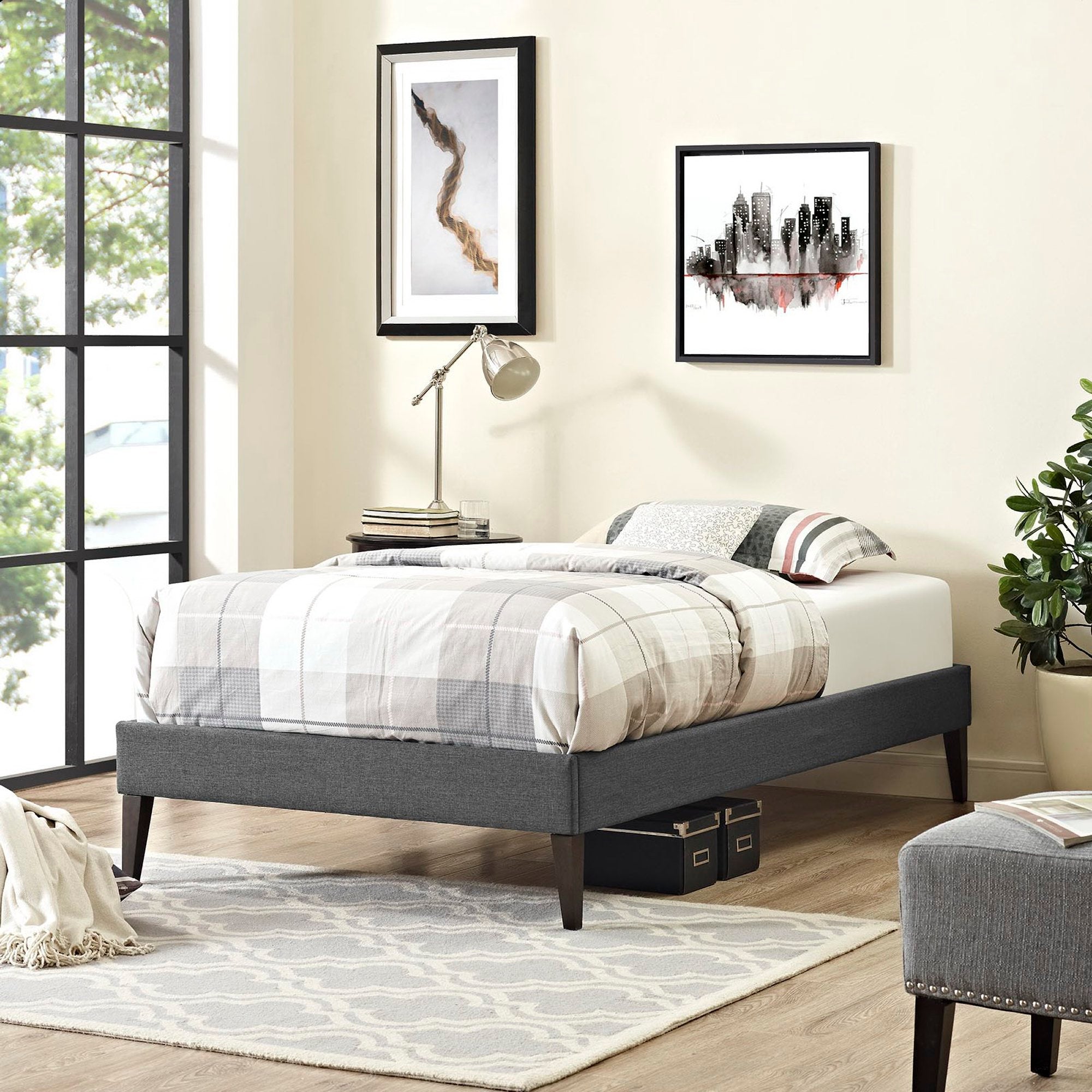 Sharon Fabric Twin Bed Frame with Squared Tapered Legs, Gray