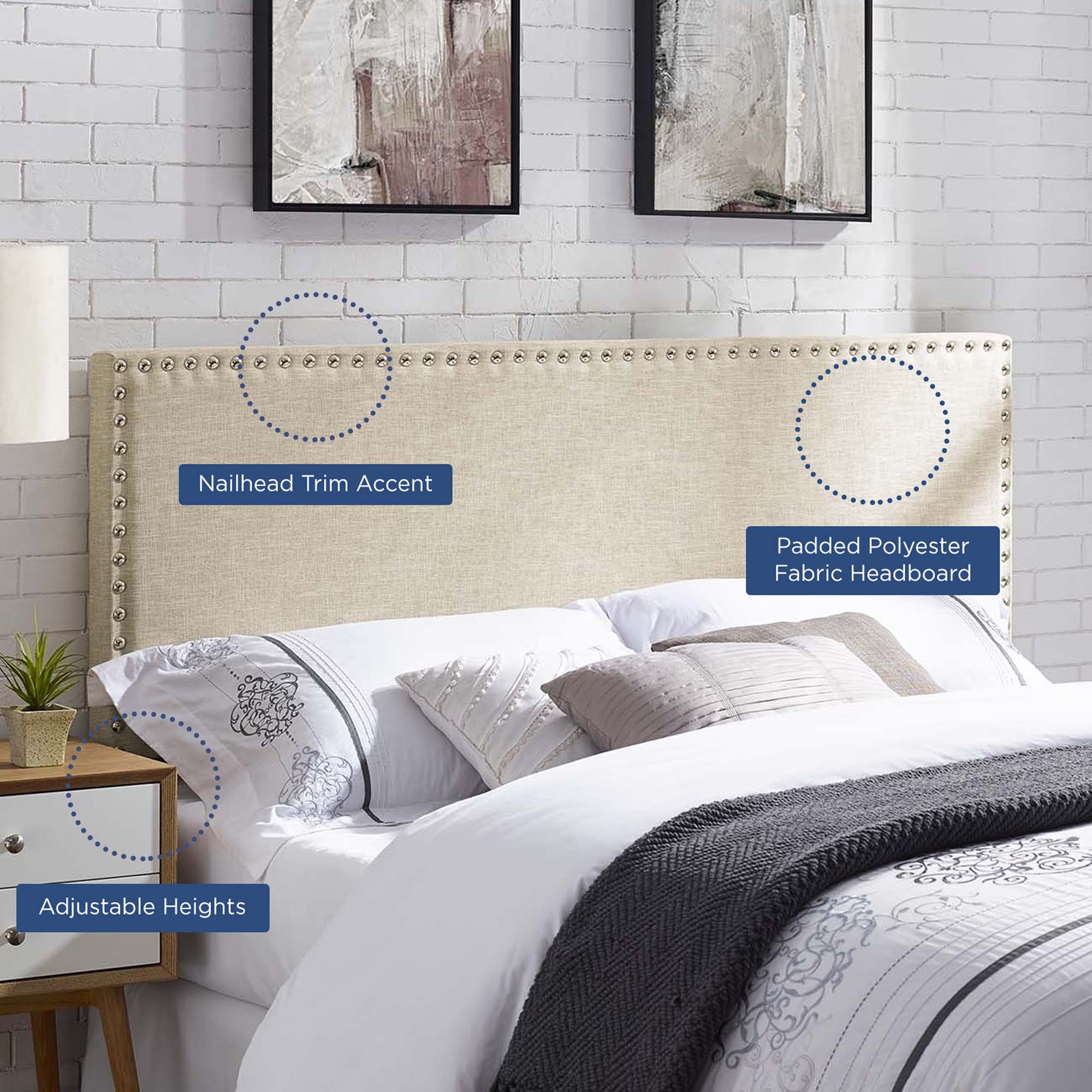 Phoebe Upholstered Fabric Queen Headboard, Beige