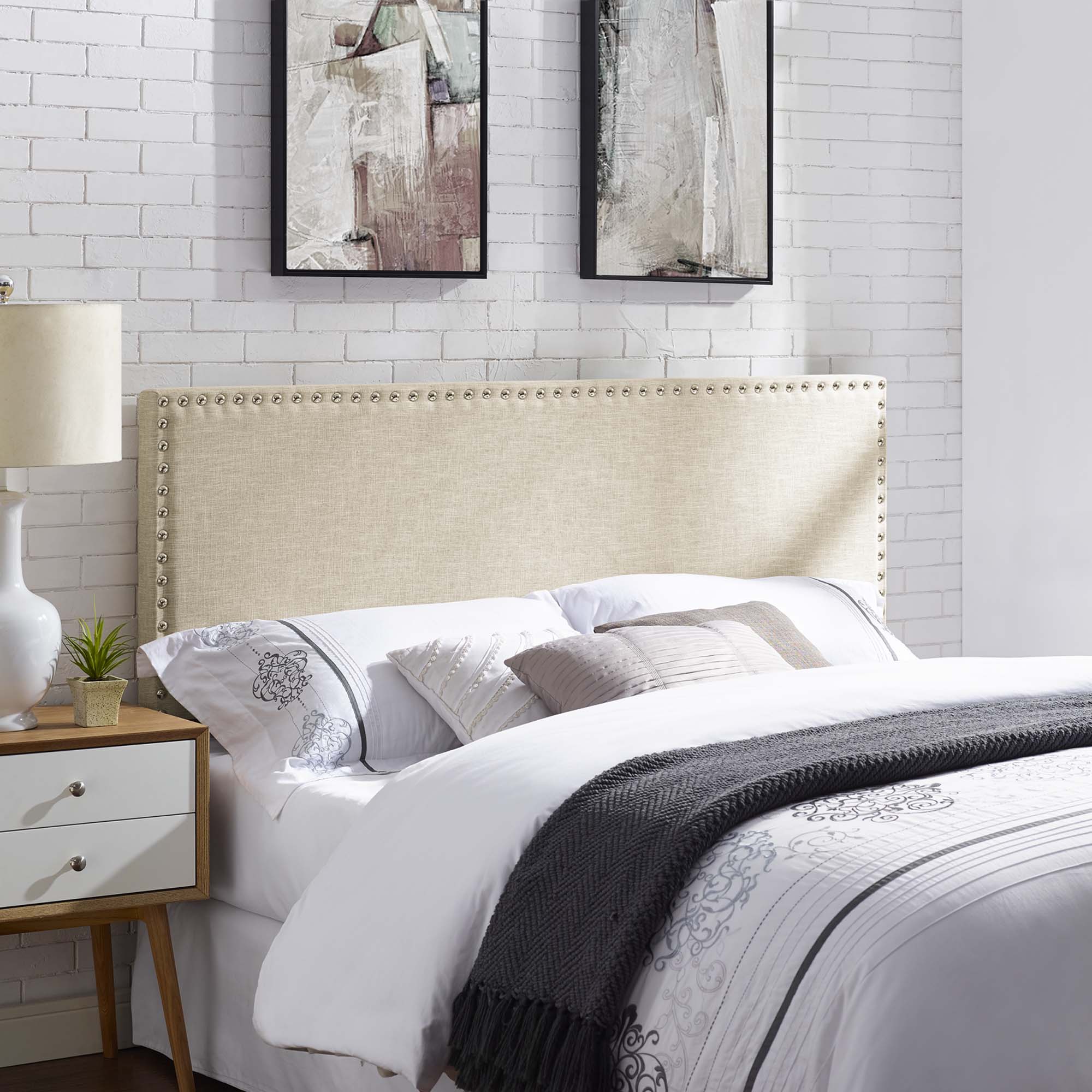 Phoebe Upholstered Fabric Queen Headboard, Beige