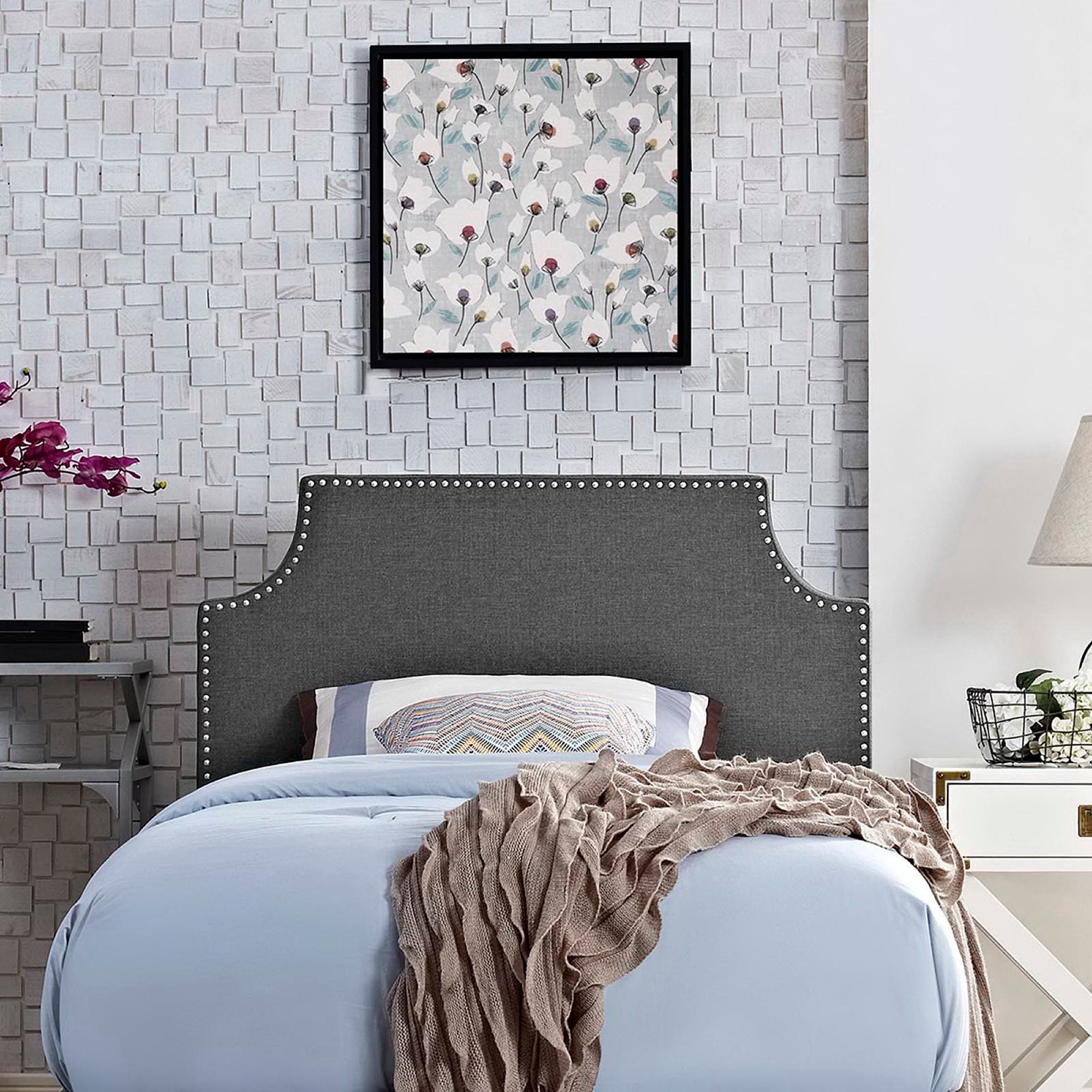 Laura Upholstered Fabric Twin Headboard, Gray
