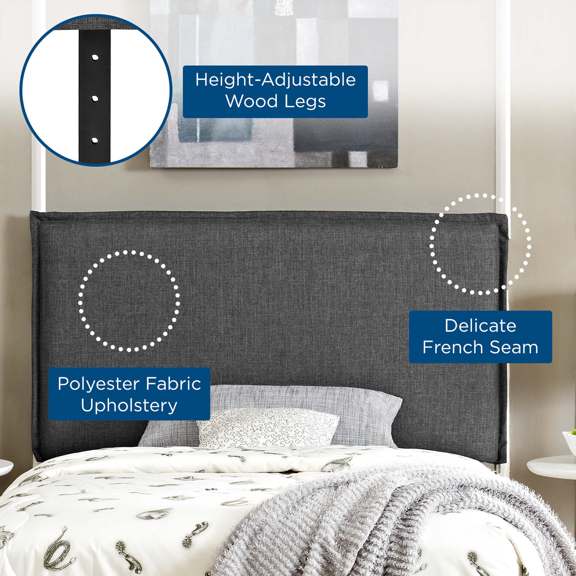 Camille Upholstered Fabric Twin Headboard, Gray