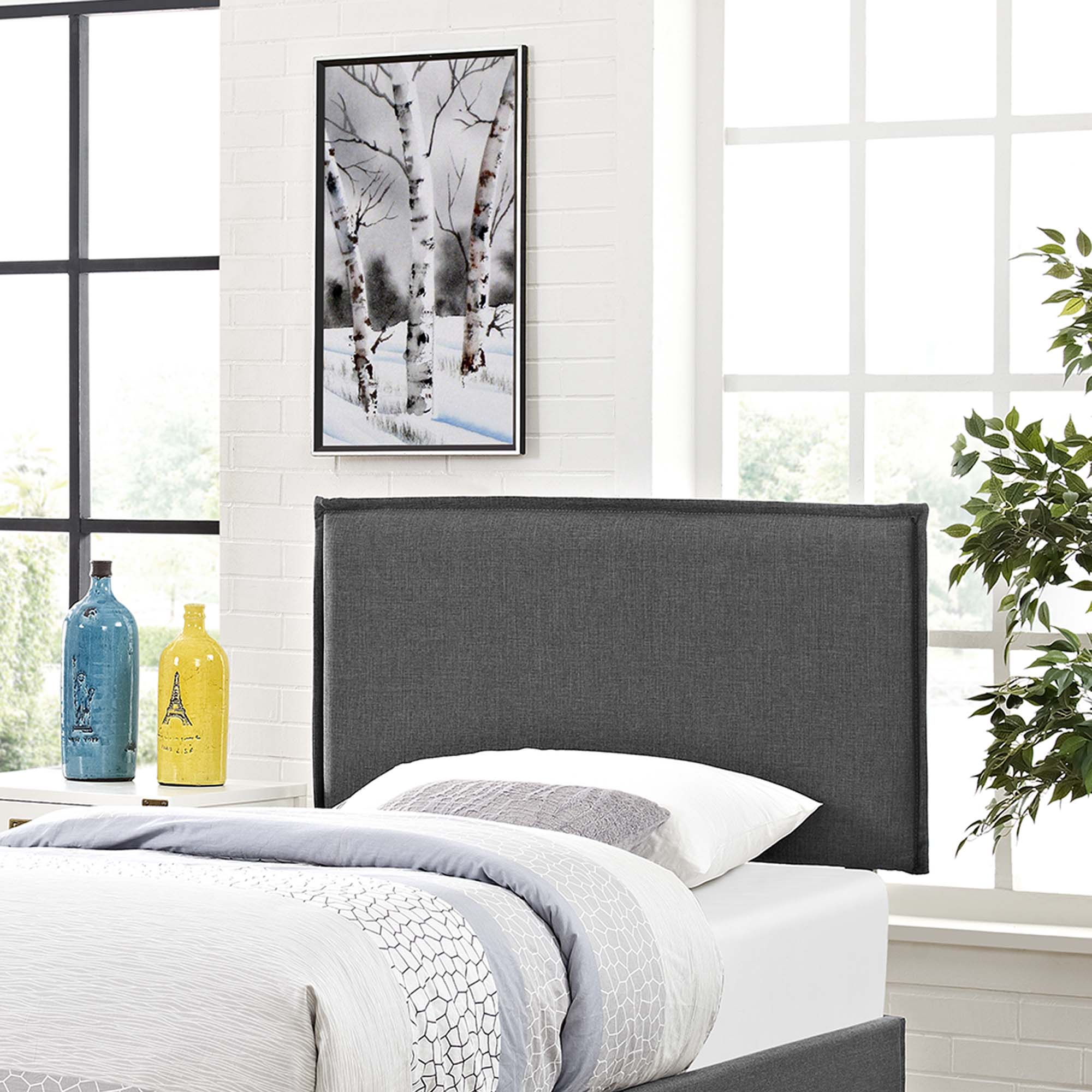 Camille Upholstered Fabric Twin Headboard, Gray