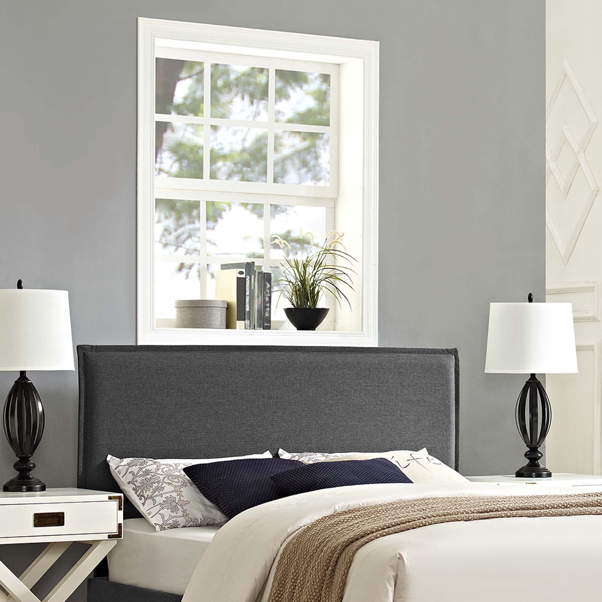 Camille Upholstered Fabric Queen Headboard, Gray