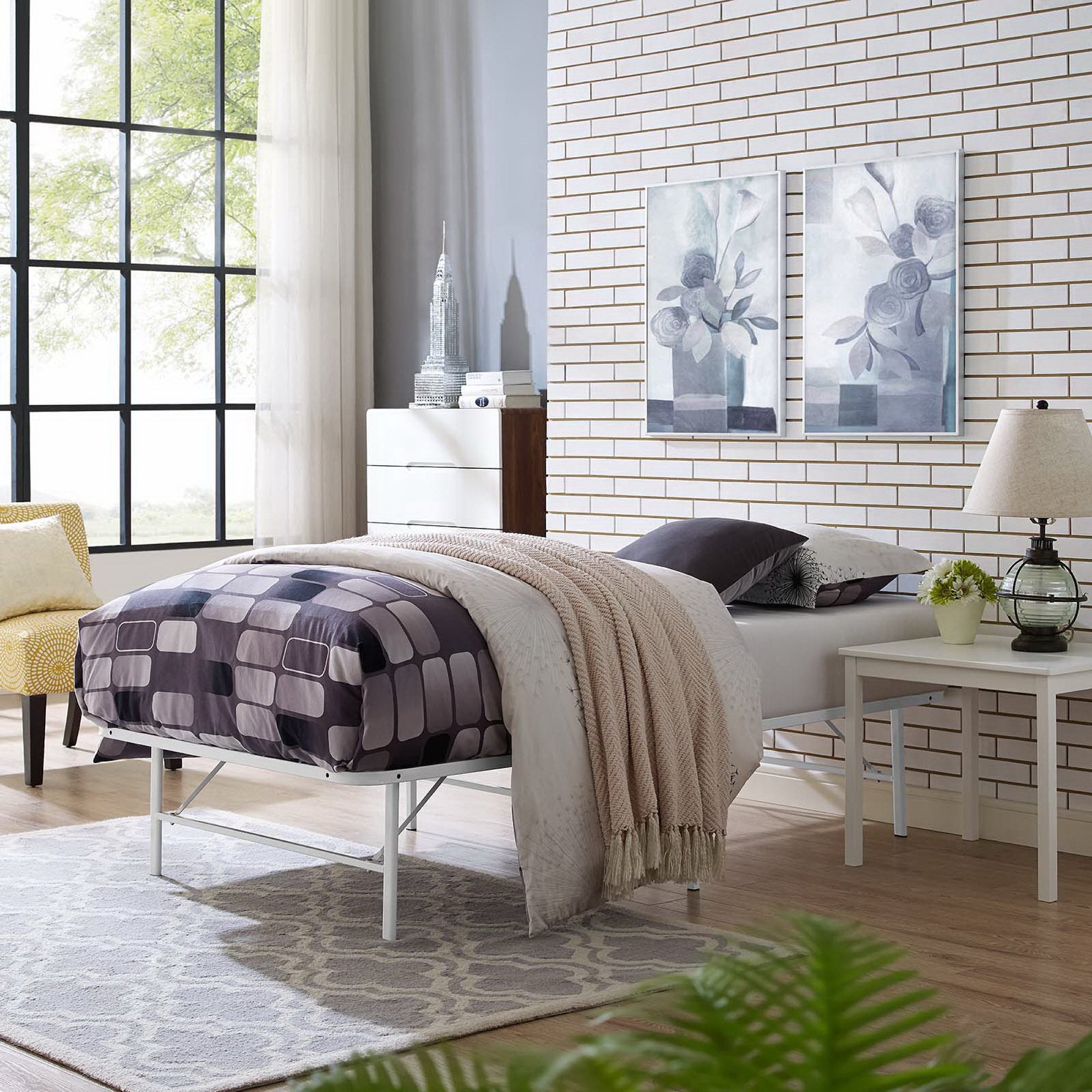 Charis White Twin Platform Bed Frame – No Box Spring Required Steel Construction