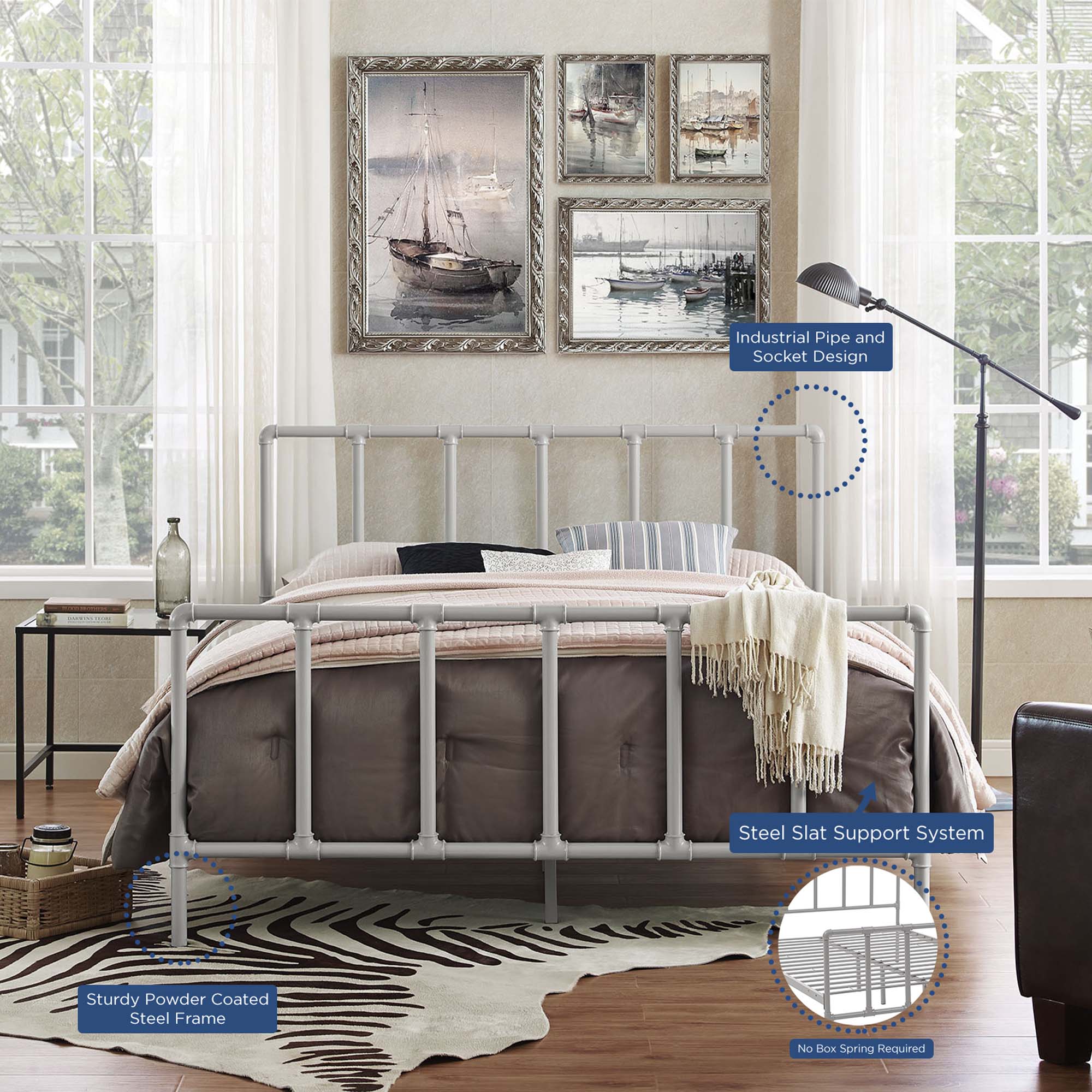 Kobutsu Grey Queen Industrial Platform Bed  Steel Frame with Headboard