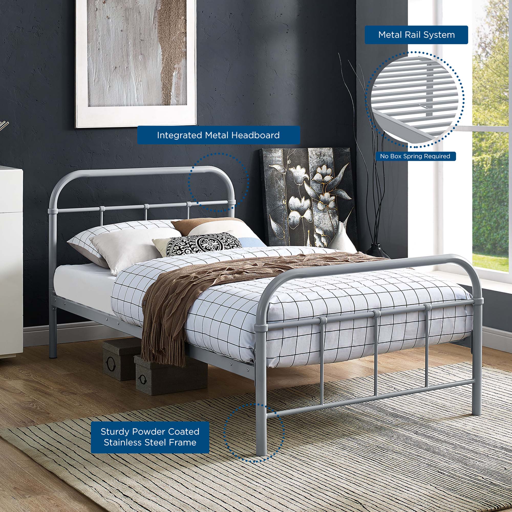 Maisie Grey Twin Stainless Steel Bed Frame