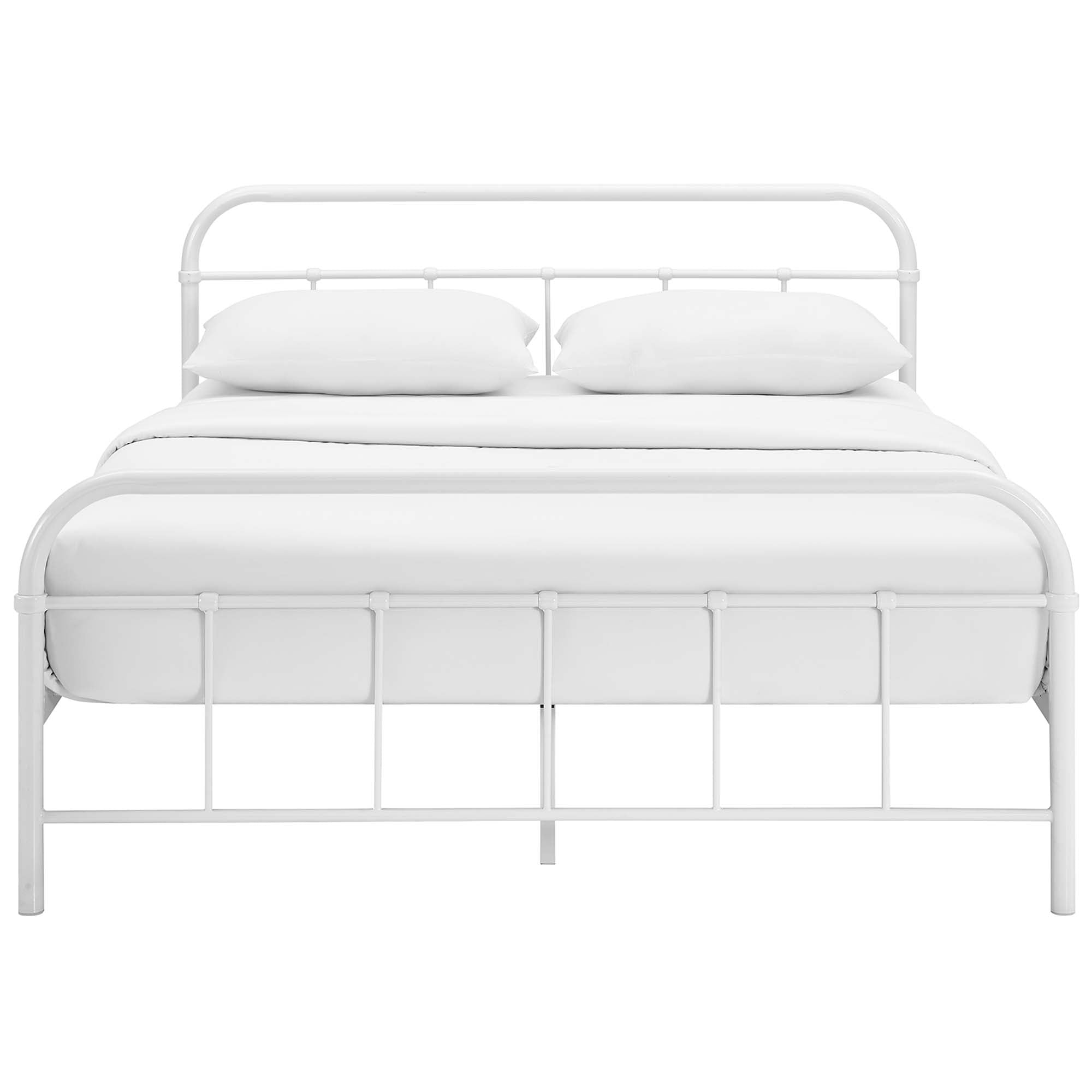 Verde Queen Stainless Steel Bed Frame  White Vintage Industrial Platform Bed