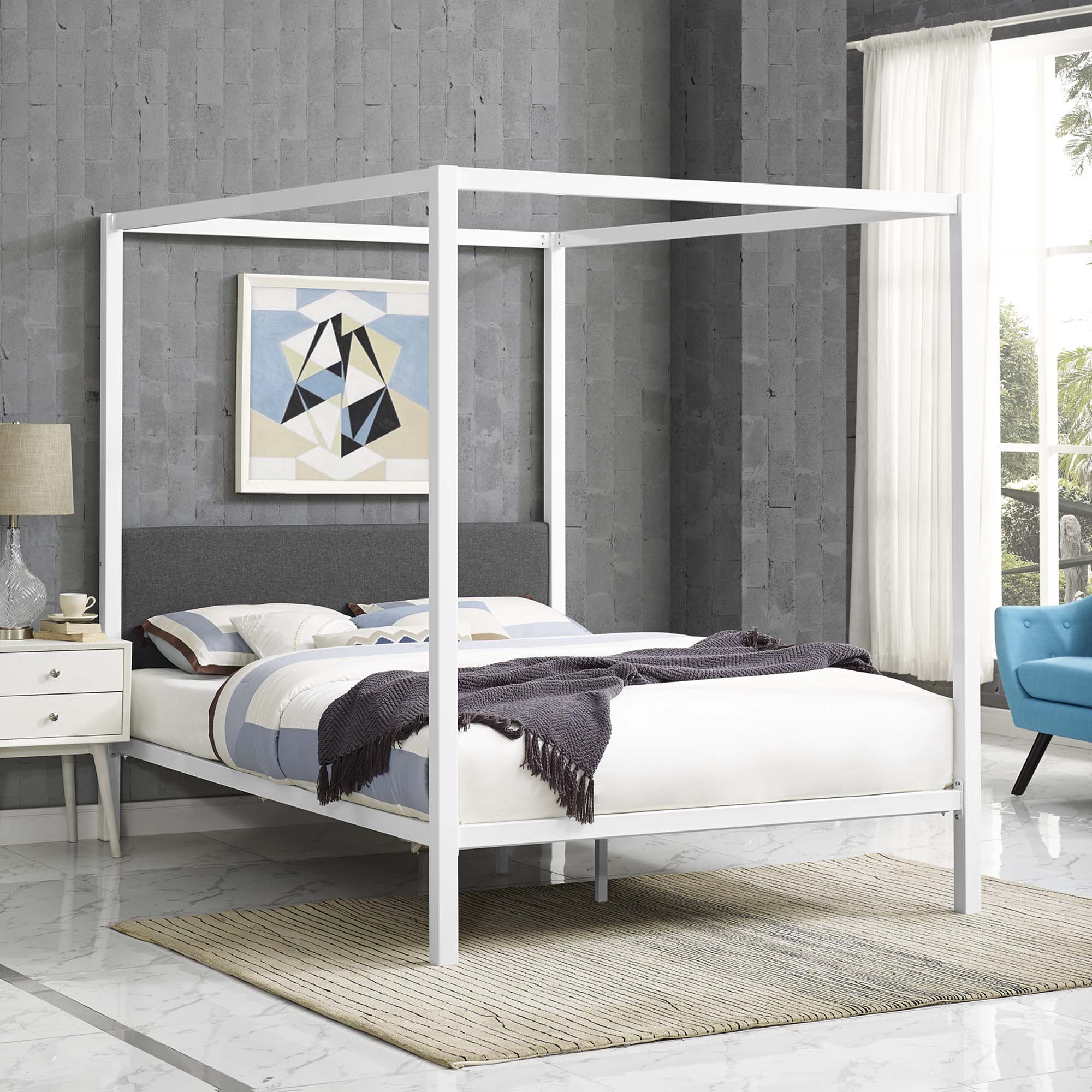 Raina White Grey Queen Canopy Bed Frame