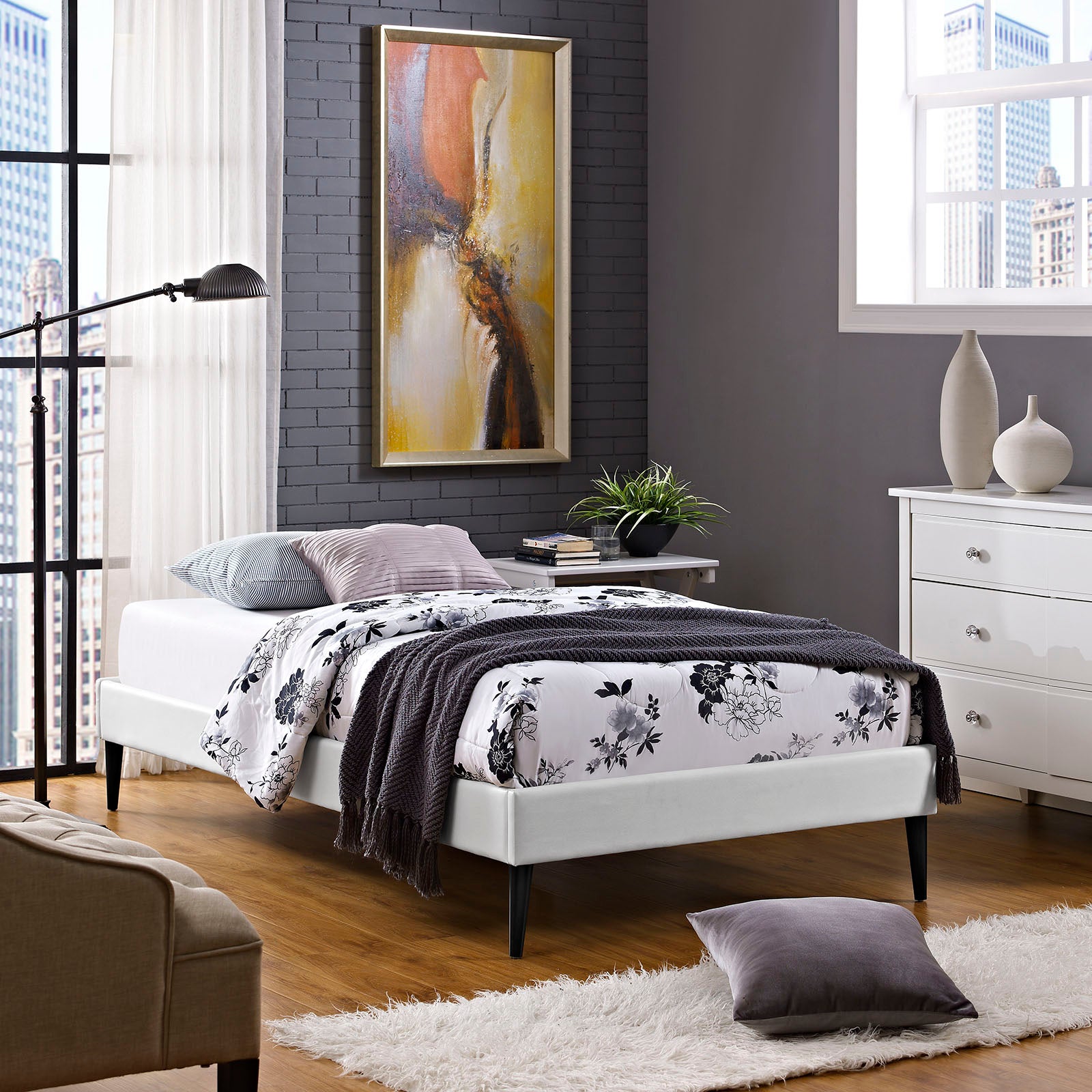 Sherry White Twin Vinyl Bed Frame with Round Tapered Legs