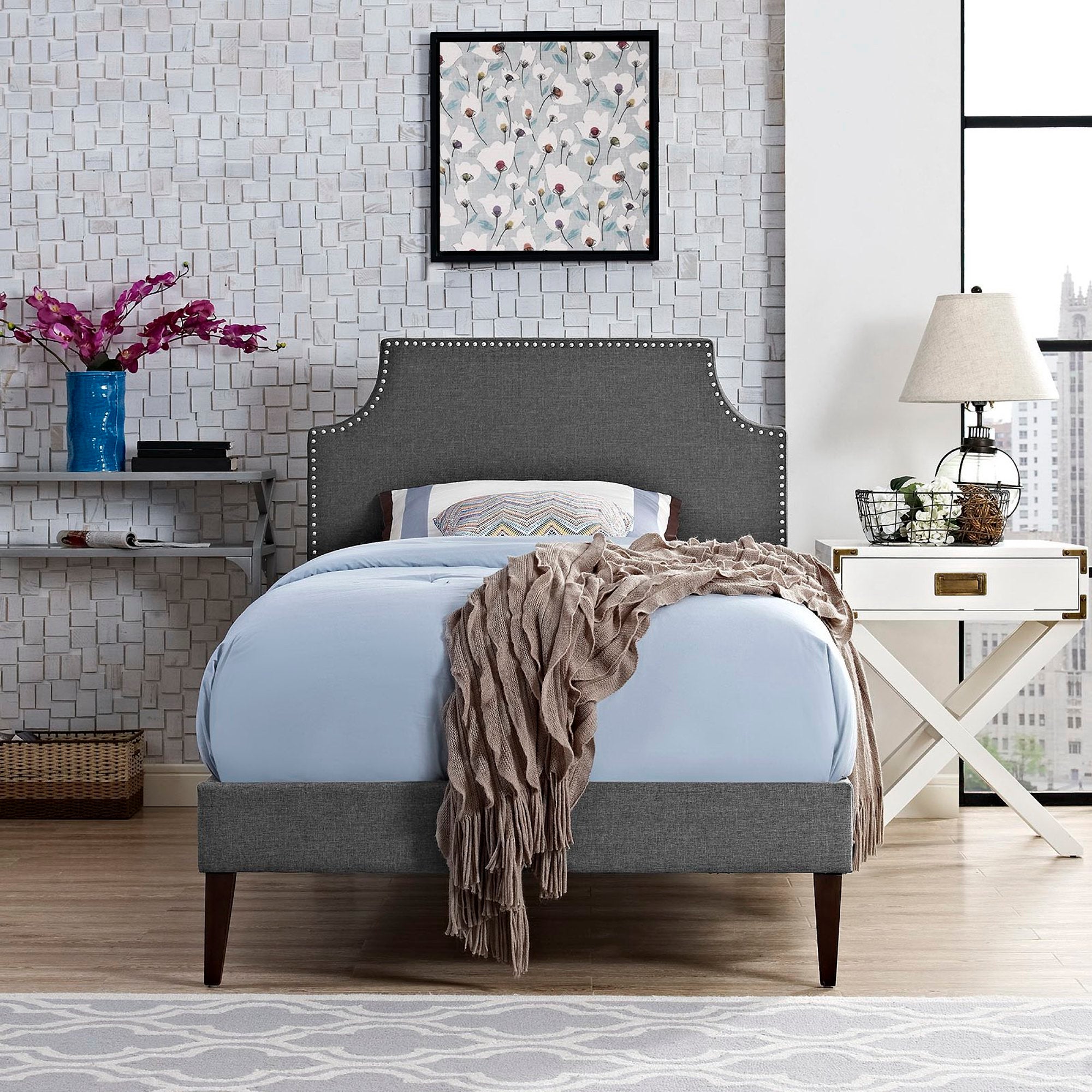 Laura Fabric Twin Platform Bed with Squared Tapered Legs, Gray