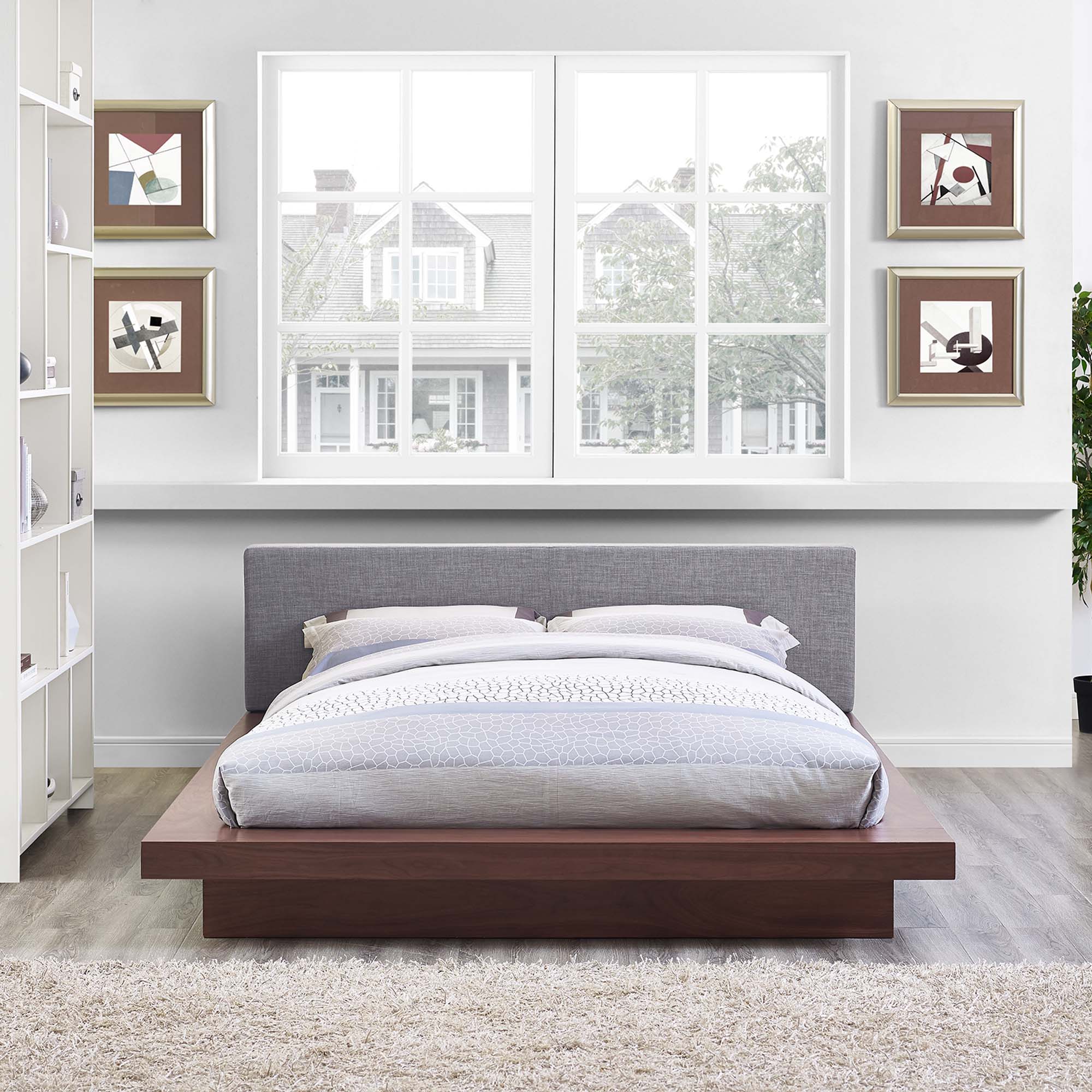 Freja Fabric Queen Platform Bed, Walnut Gray