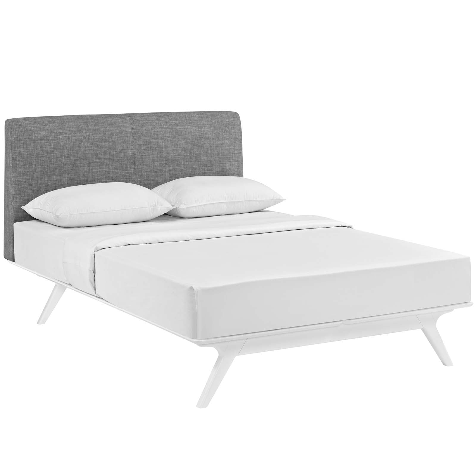 Sornis King White Grey Upholstered Platform Bed  Foam Padded Headboard