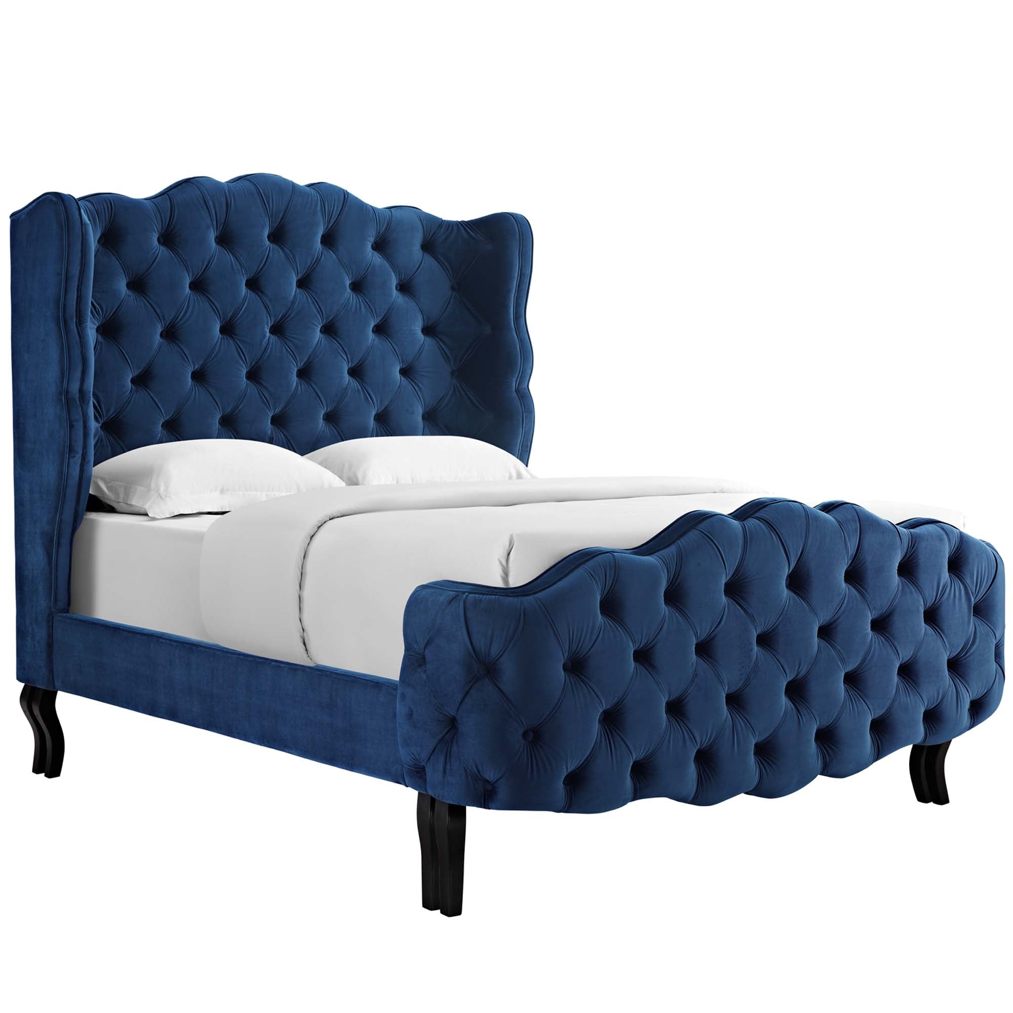 Violette Sea Blue Queen Tufted Wingback Performance Velvet Platform Bed