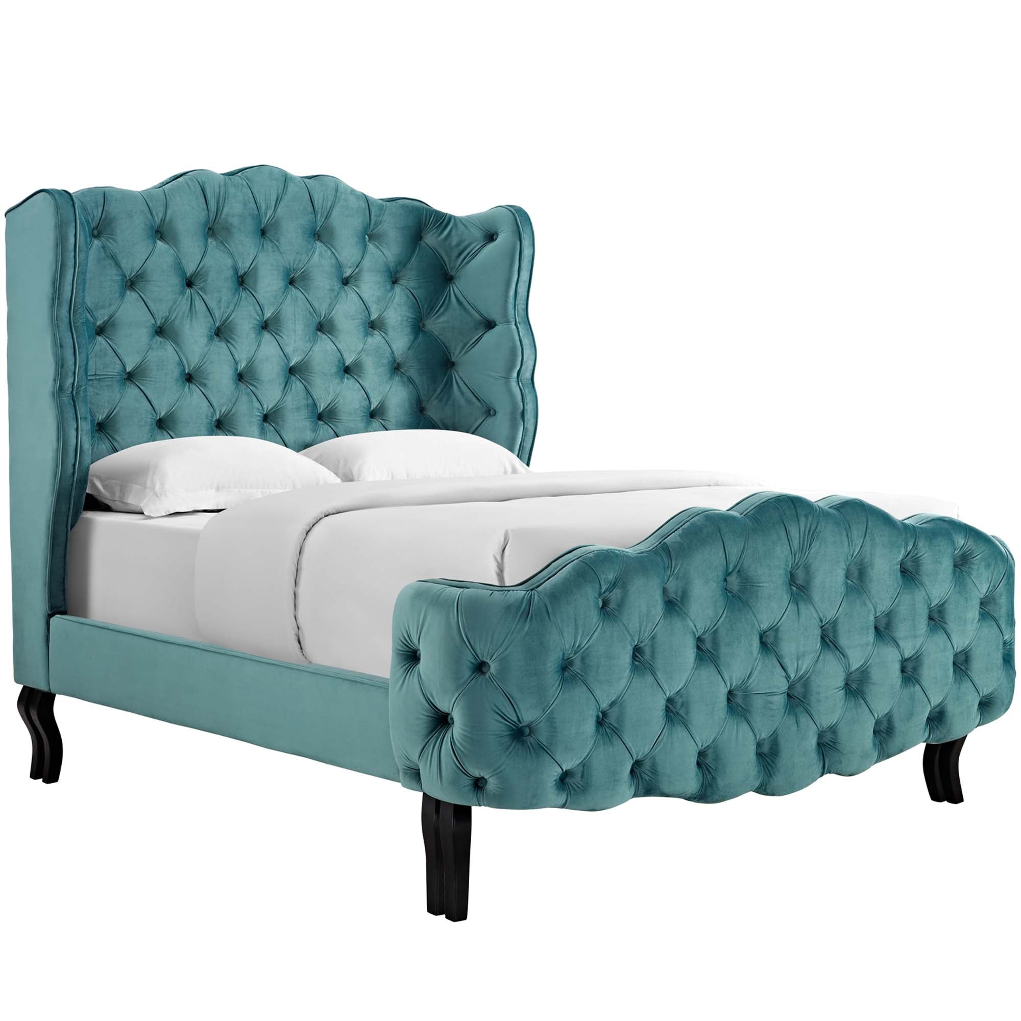 Violette Sea Blue Queen Tufted Wingback Performance Velvet Platform Bed