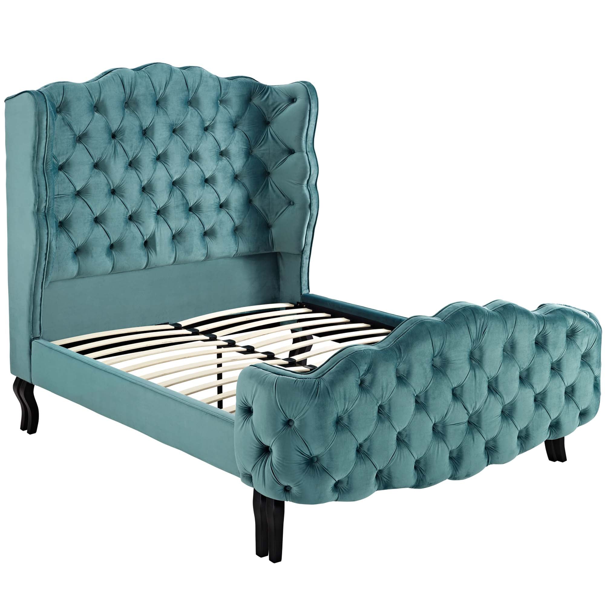 Violette Sea Blue Queen Tufted Wingback Performance Velvet Platform Bed