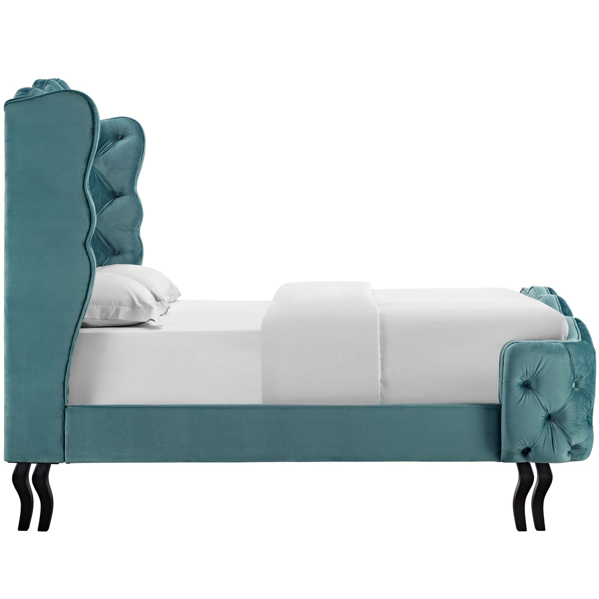 Violette Sea Blue Queen Tufted Wingback Performance Velvet Platform Bed