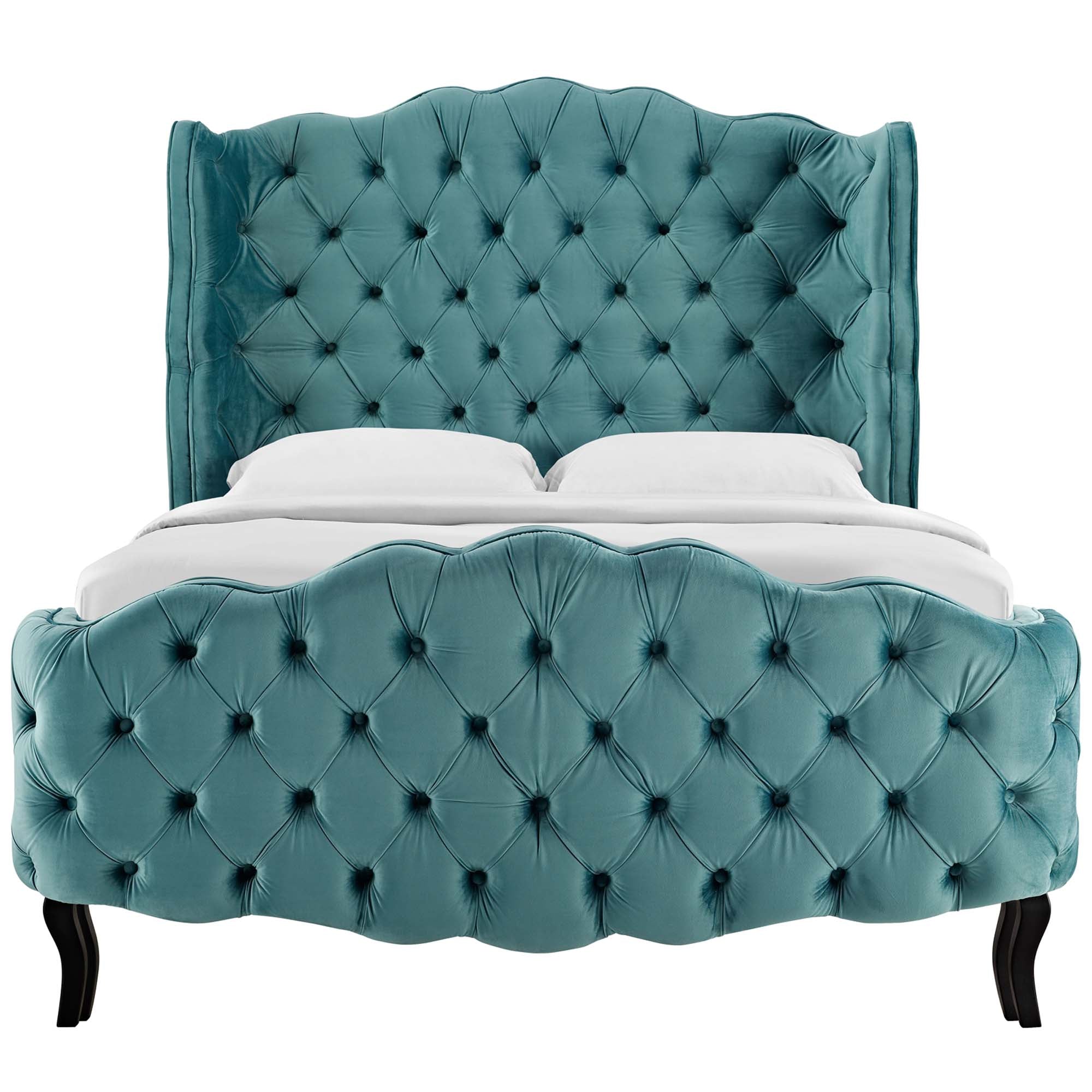 Violette Sea Blue Queen Tufted Wingback Performance Velvet Platform Bed