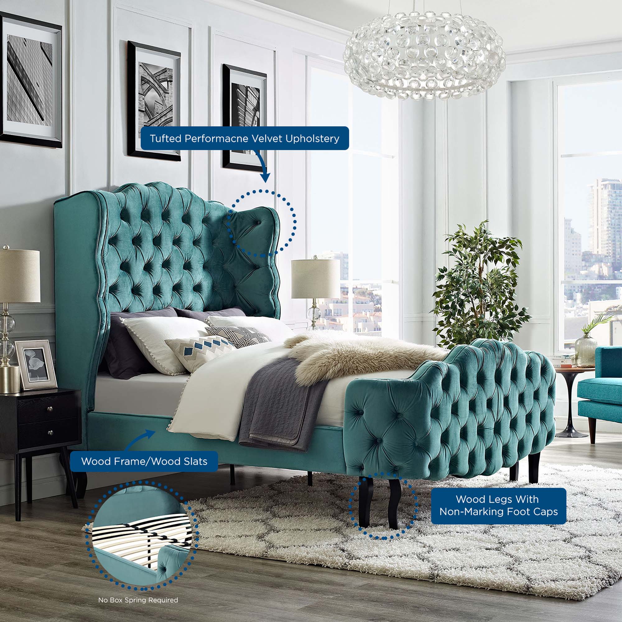 Violette Sea Blue Queen Tufted Wingback Performance Velvet Platform Bed