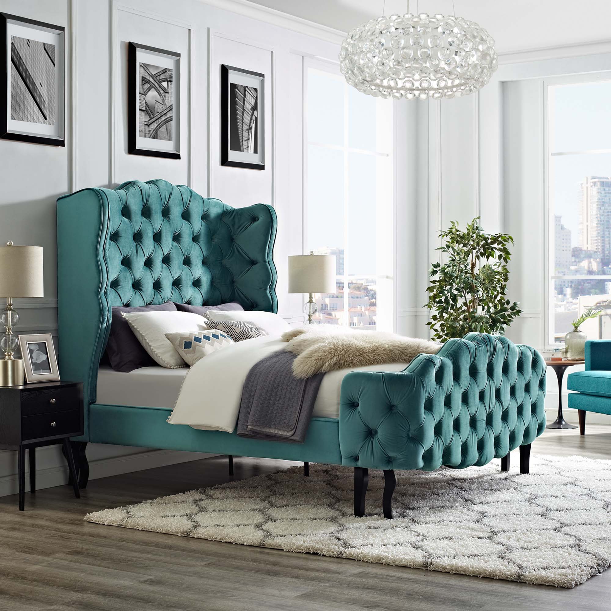 Violette Sea Blue Queen Tufted Wingback Performance Velvet Platform Bed