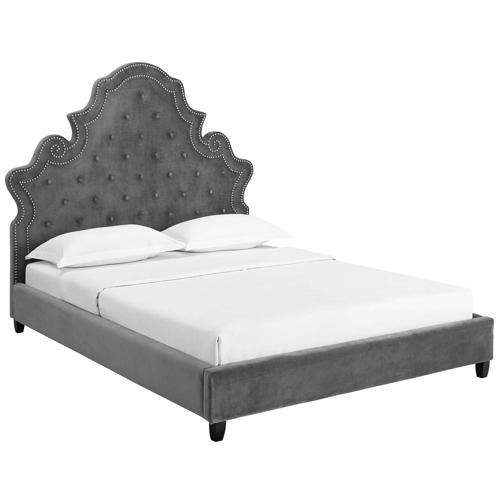 Valentina Ivory Queen Tufted Nailhead Performance Velvet Platform Bed