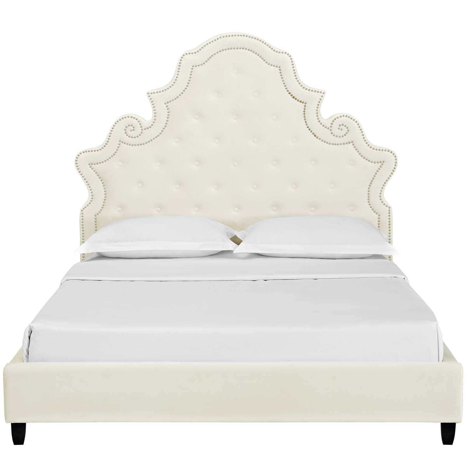 Valentina Ivory Queen Tufted Nailhead Performance Velvet Platform Bed