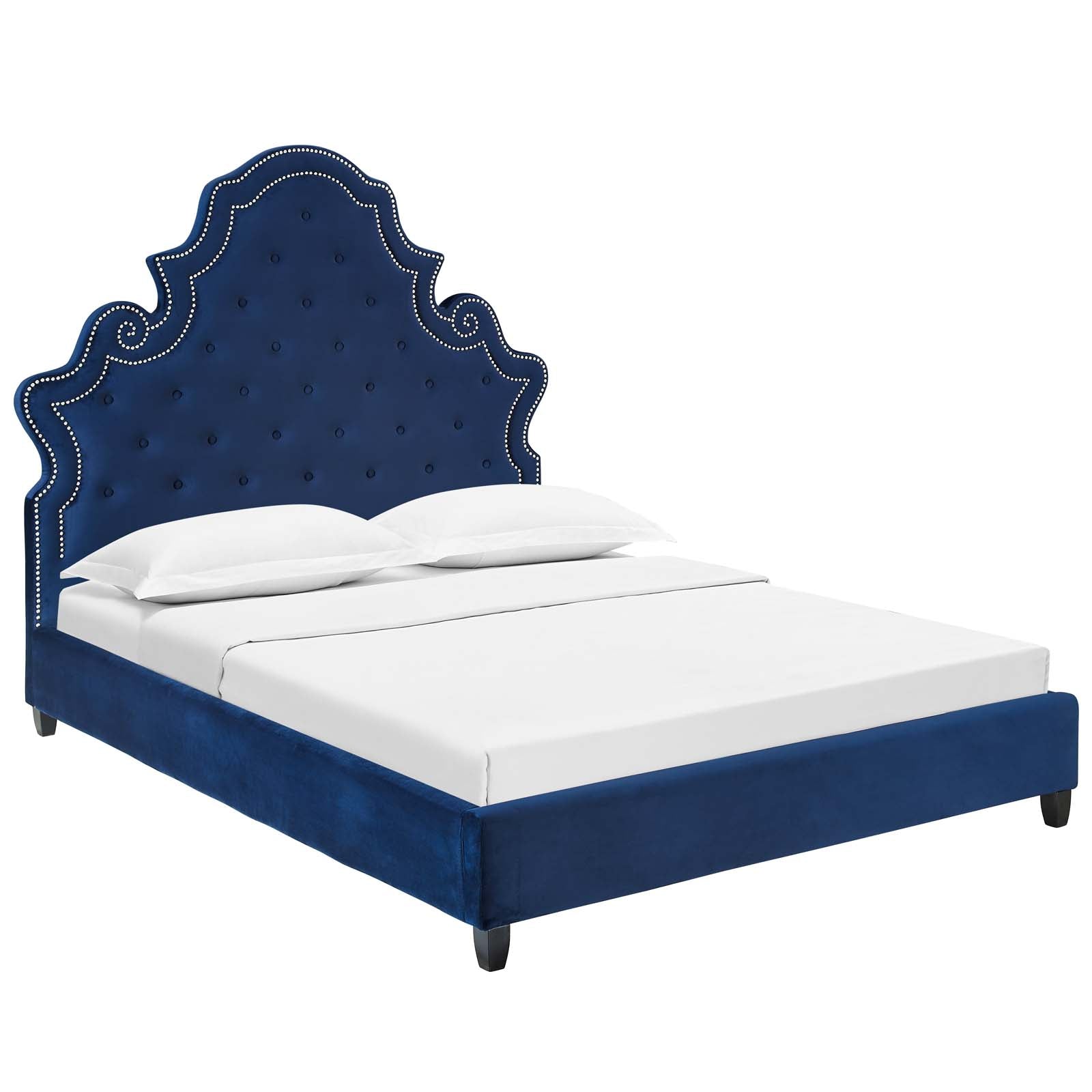 Valentina Ivory Queen Tufted Nailhead Performance Velvet Platform Bed