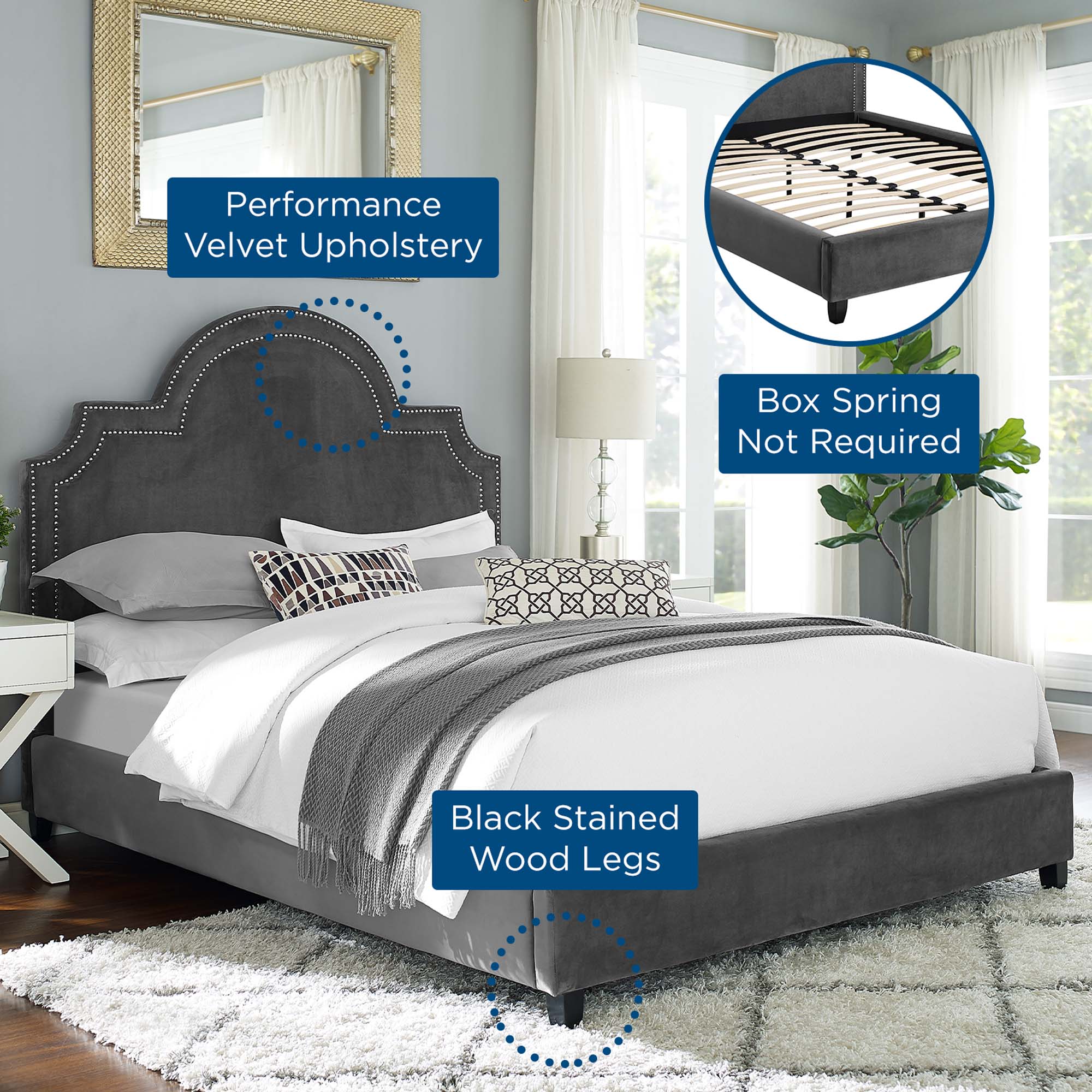 Primrose Performance Velvet Queen Platform Bed, Gray