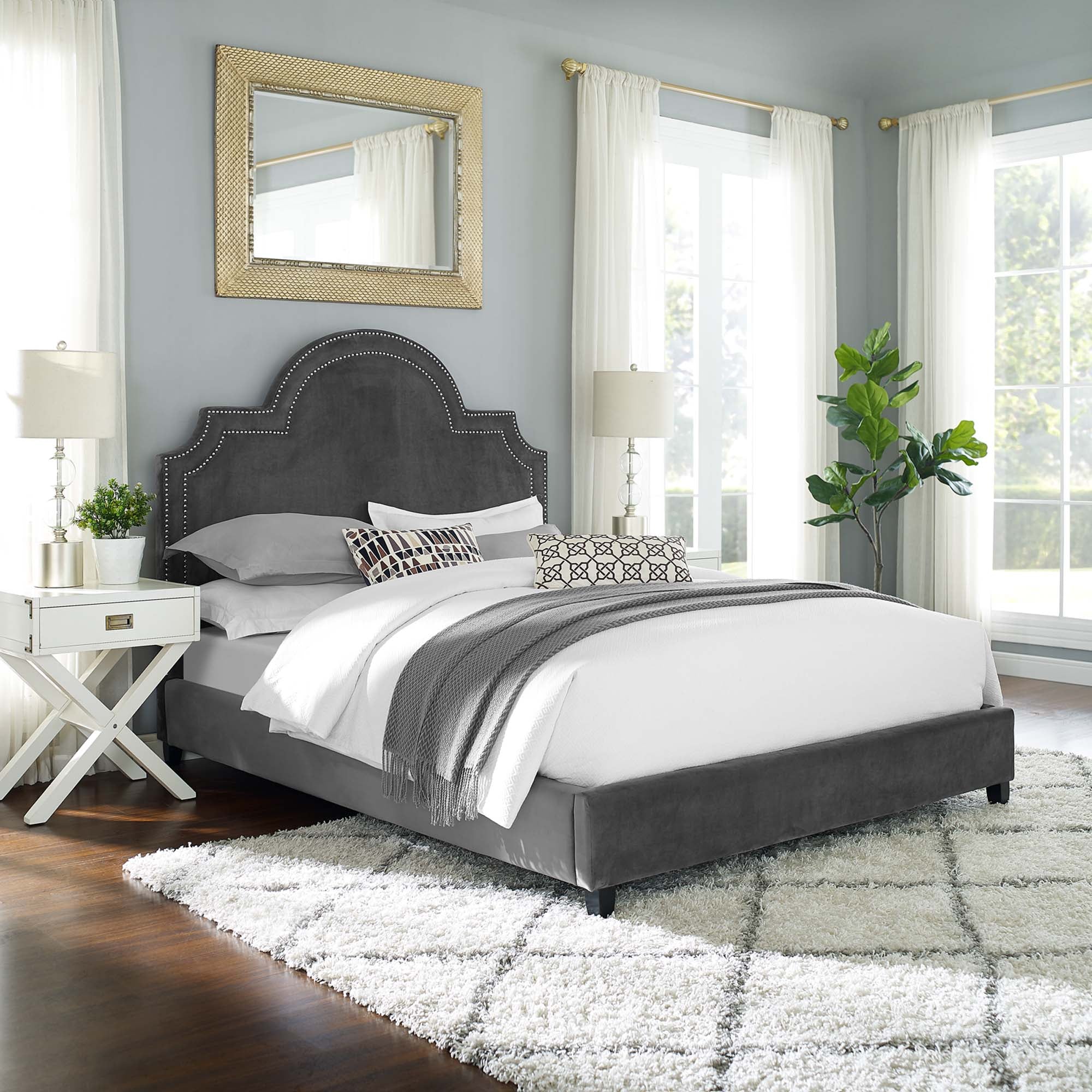 Primrose Performance Velvet Queen Platform Bed, Gray