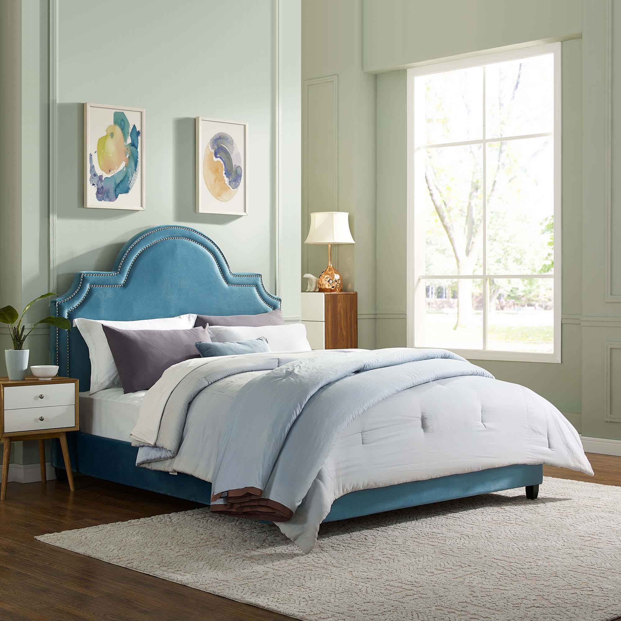 Bayport Queen Performance Velvet Platform Bed in Sea Blue Upholstered Frame with Wood Slats