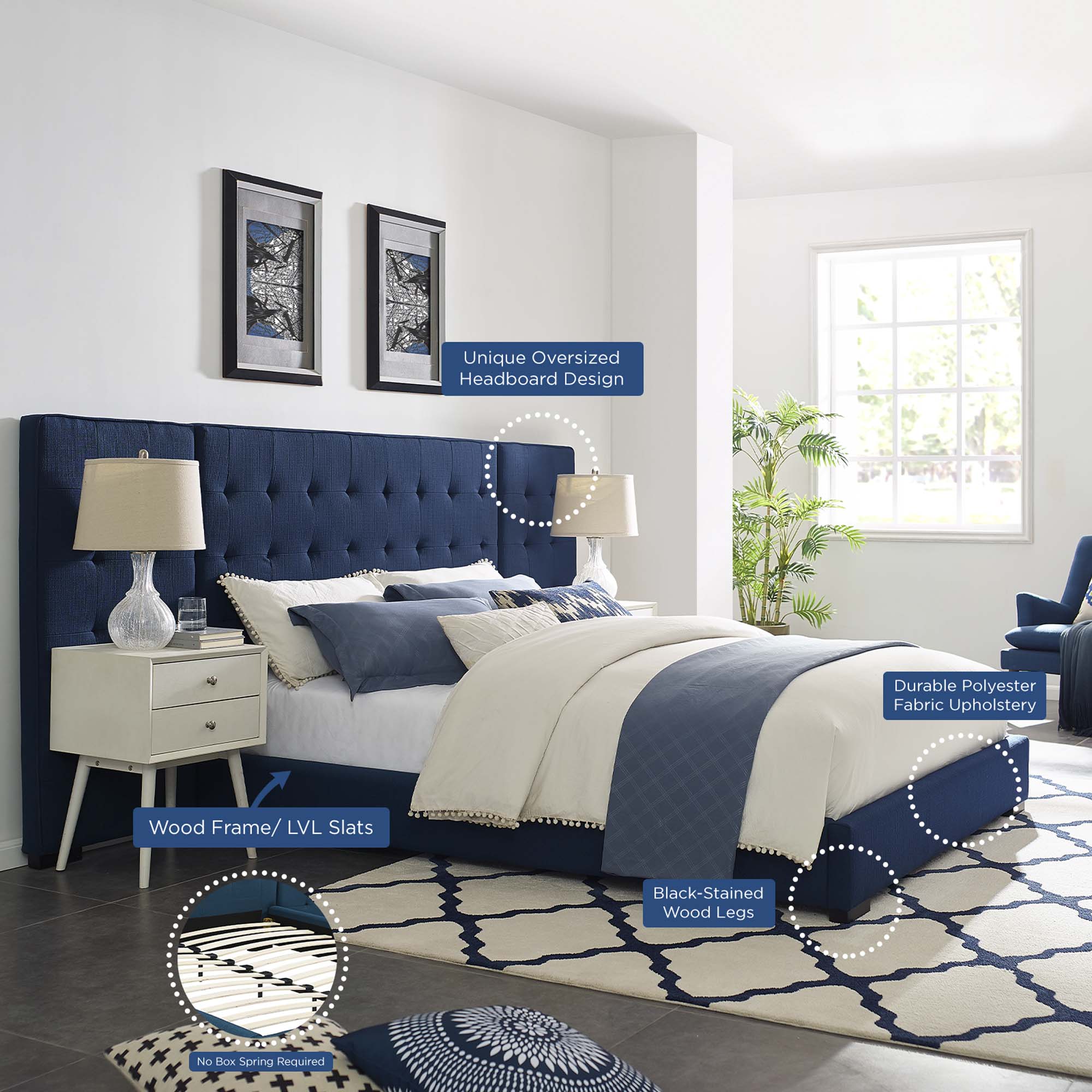 Valnor Queen Fabric Platform Bed in Azure – Tufted Upholstered Headboard