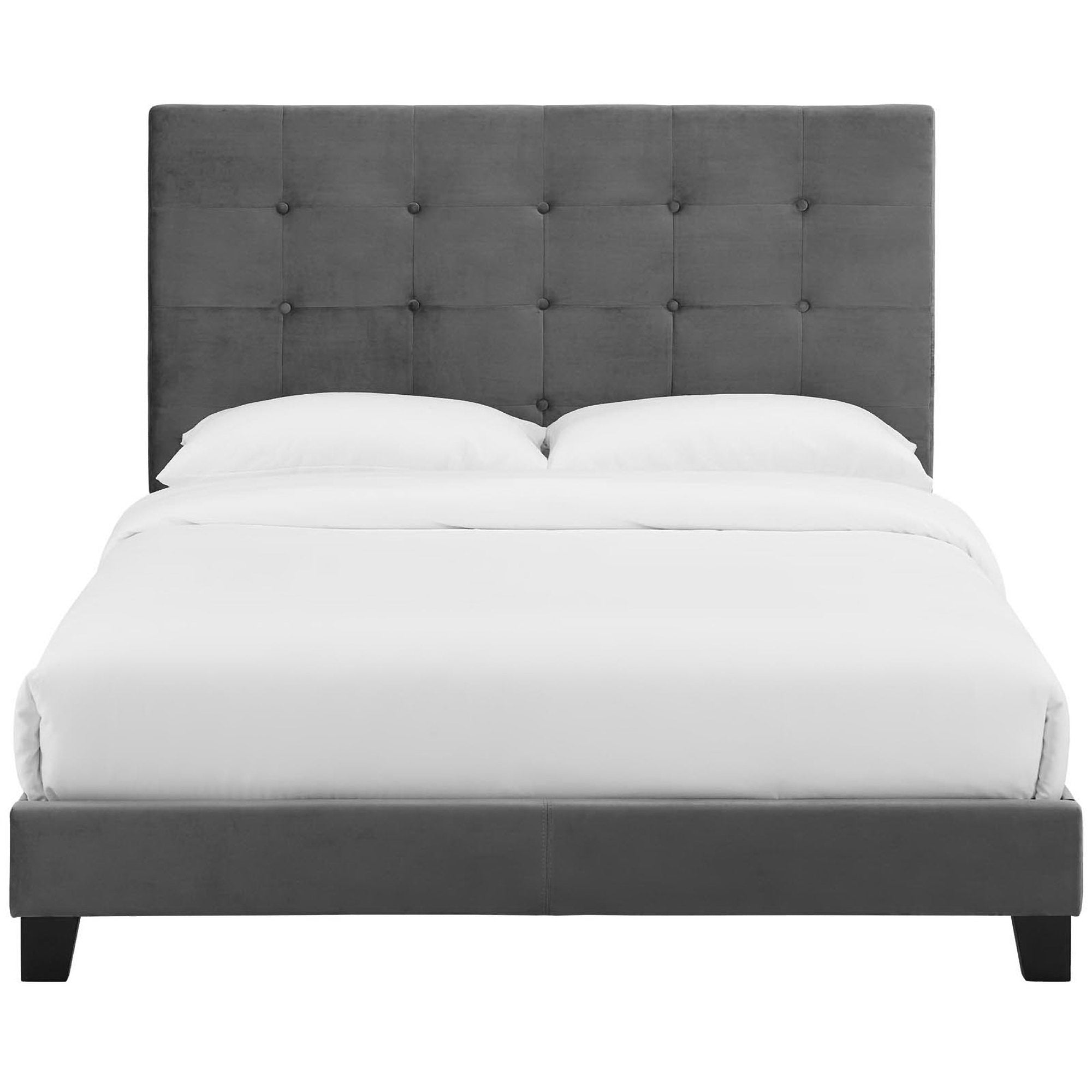 Drayven Grey Queen Upholstered Platform Bed  Performance Velvet with Button Tufting