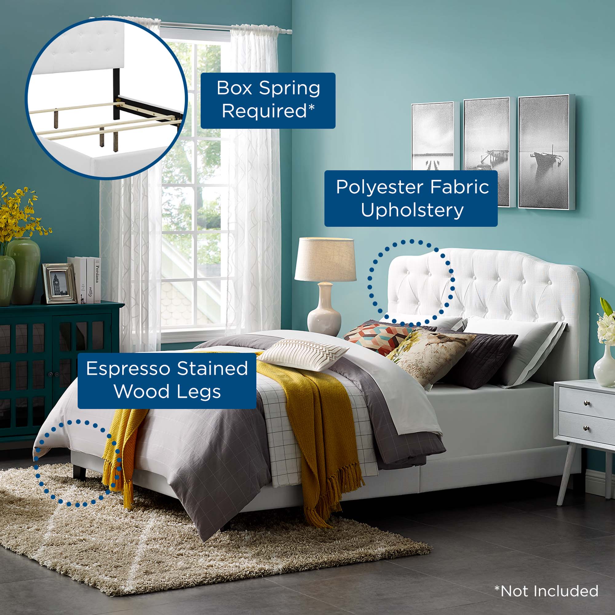 Griffin Twin White Fabric Upholstered Bed – Modern Panel Design with Tufted Headboard