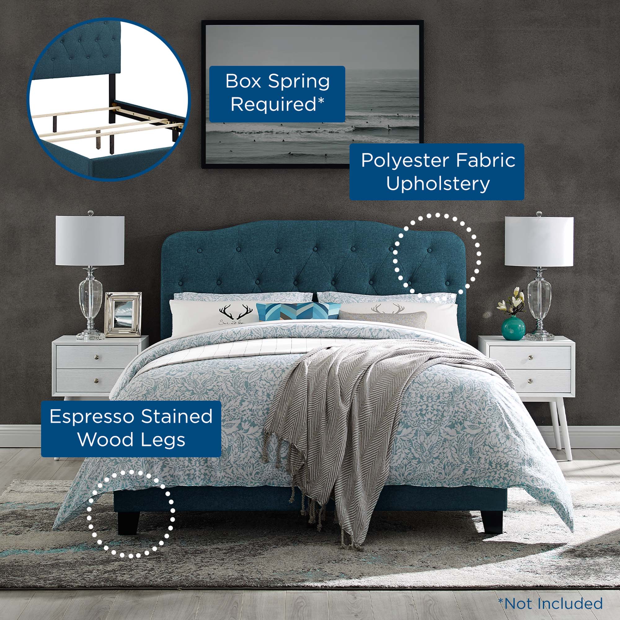 Harlan Azure Queen Polyester Upholstered Bed – Button-Tufted Headboard
