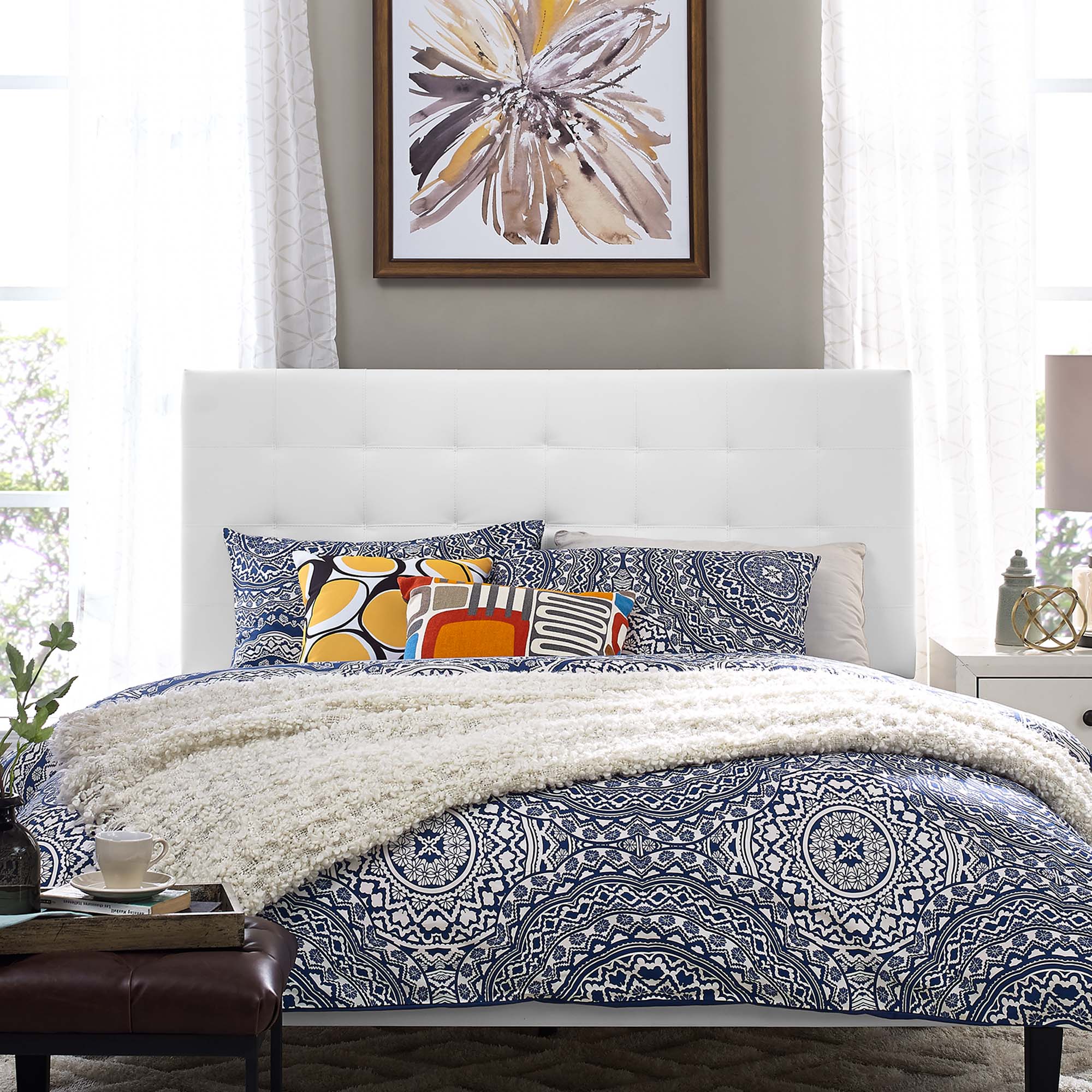 Paisley Tufted Upholstered Faux Leather King and California King Headboard, White