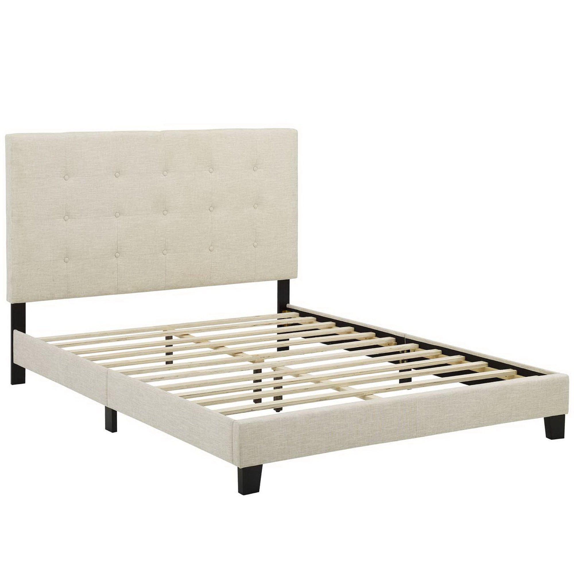 Ivor Queen Modern Platform Bed  Beige Tufted Button Upholstered Fabric