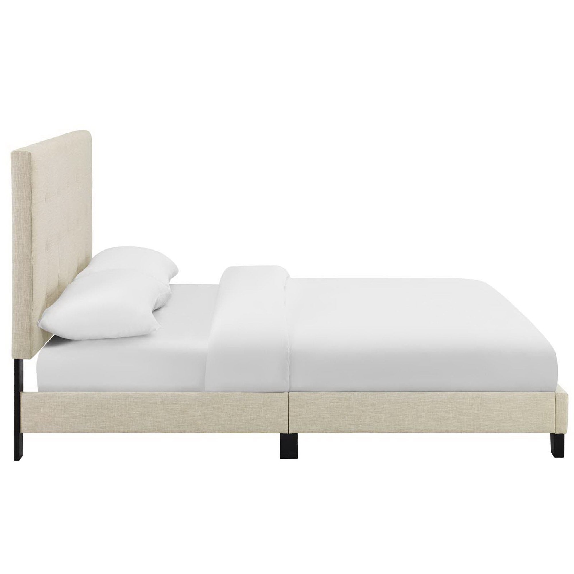Ivor Queen Modern Platform Bed  Beige Tufted Button Upholstered Fabric