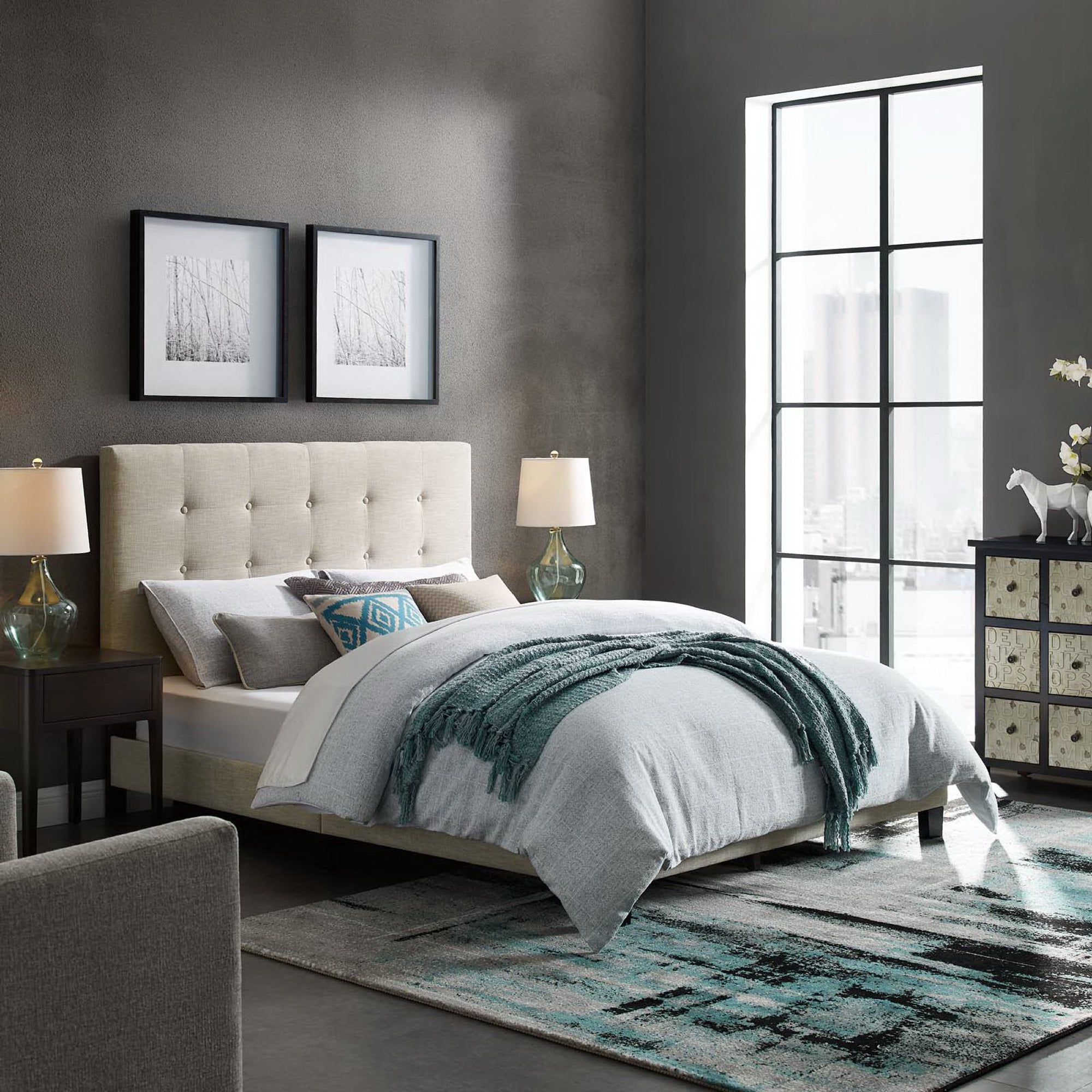 Ivor Queen Modern Platform Bed  Beige Tufted Button Upholstered Fabric