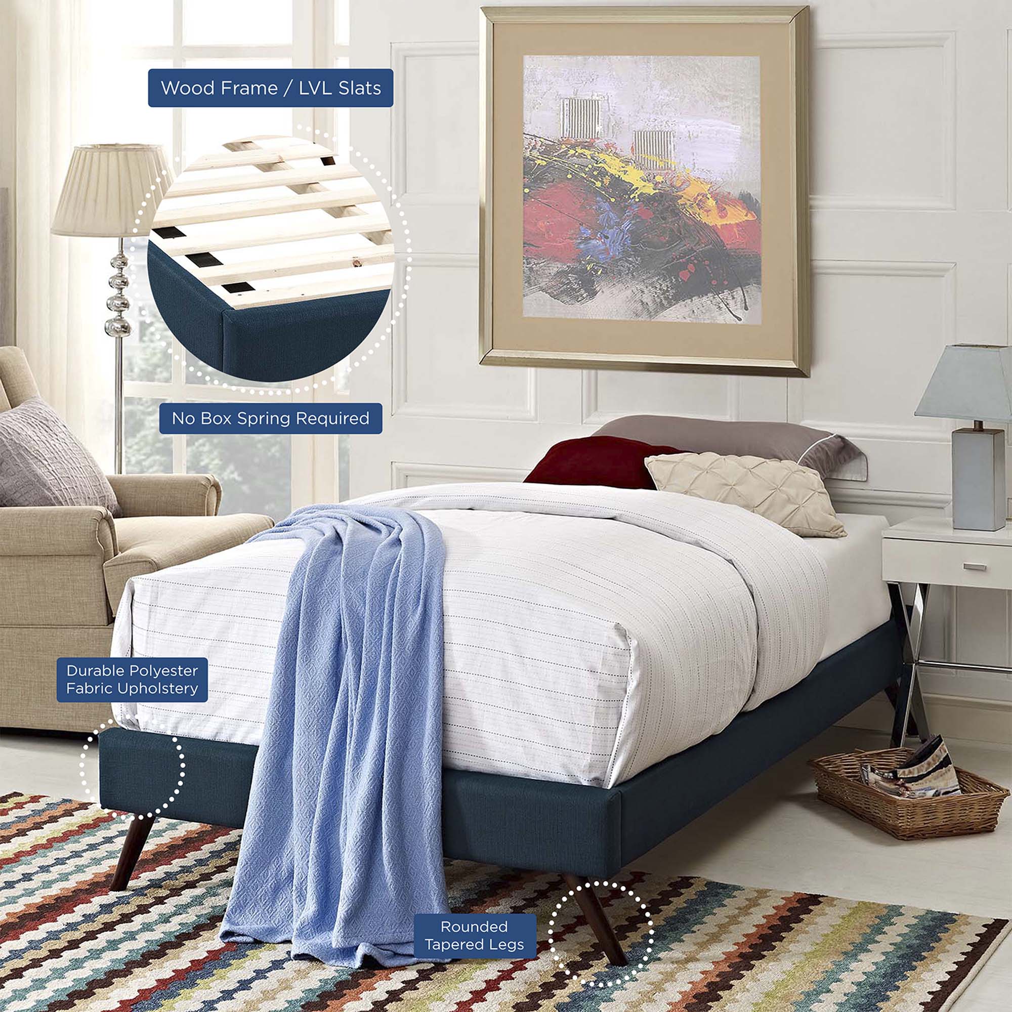 Loryn Fabric Twin Bed Frame with Round Splayed Legs, Azure