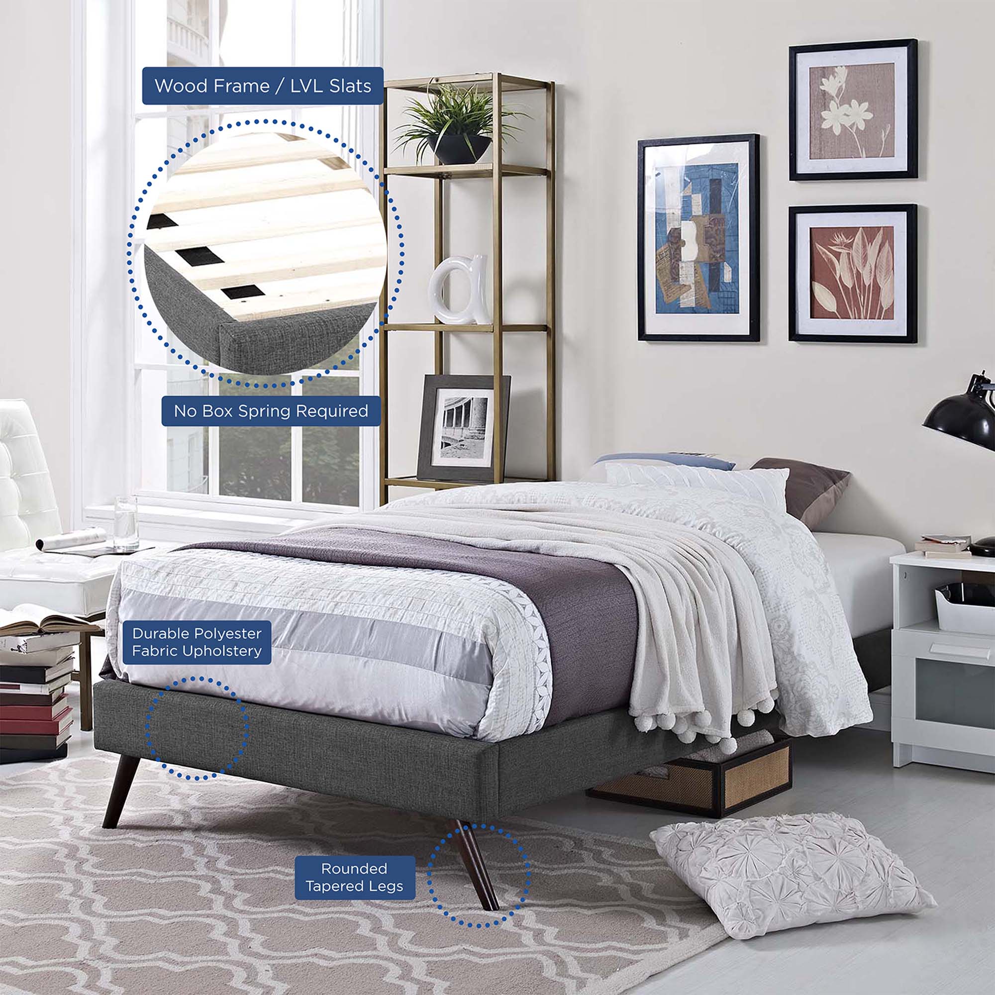 Loryn Fabric Twin Bed Frame with Round Splayed Legs, Gray