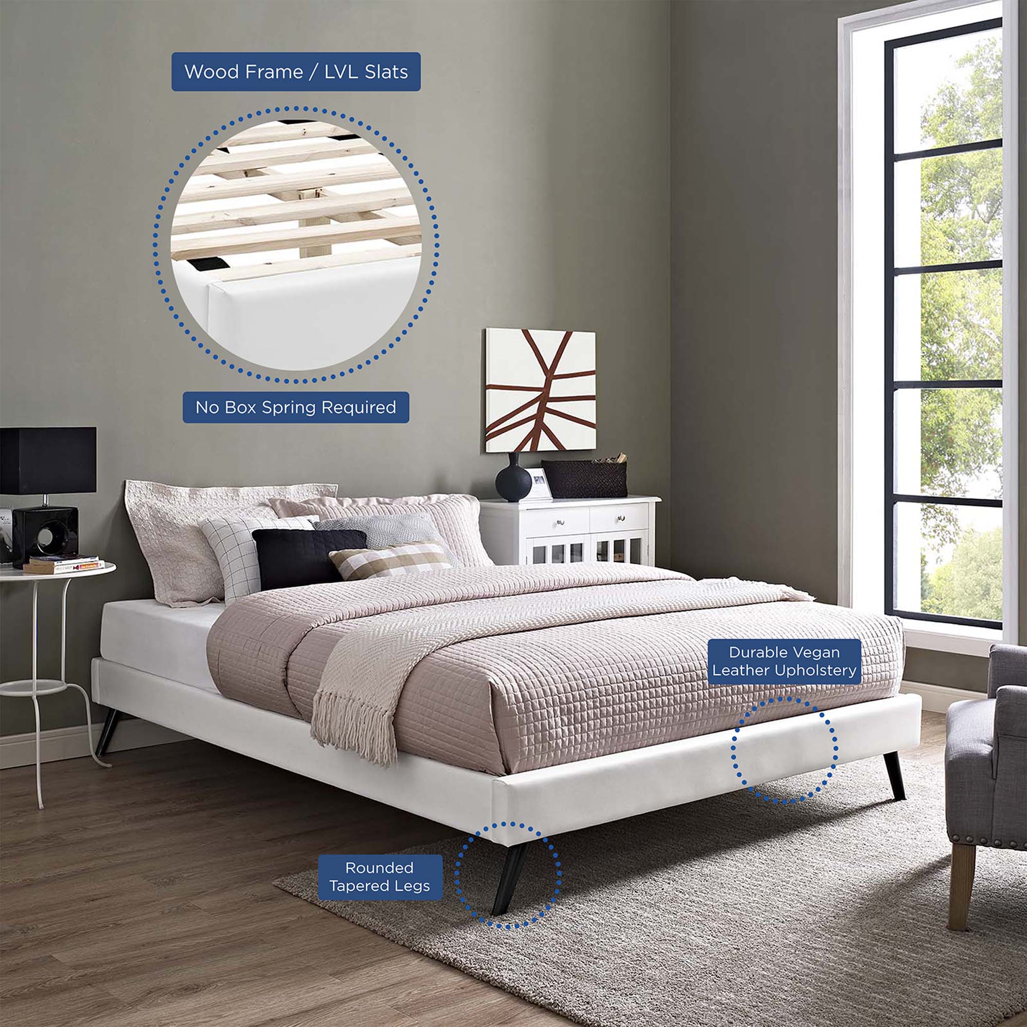 Loryn White Full Vinyl Bed Frame with Round Splayed Legs