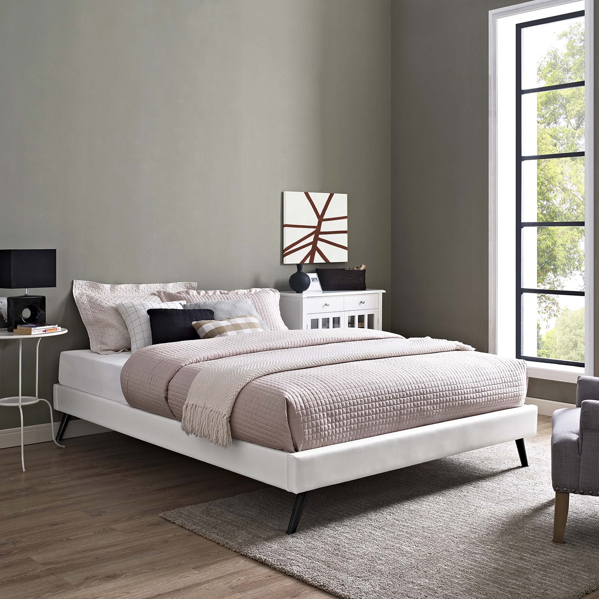 Loryn White Full Vinyl Bed Frame with Round Splayed Legs