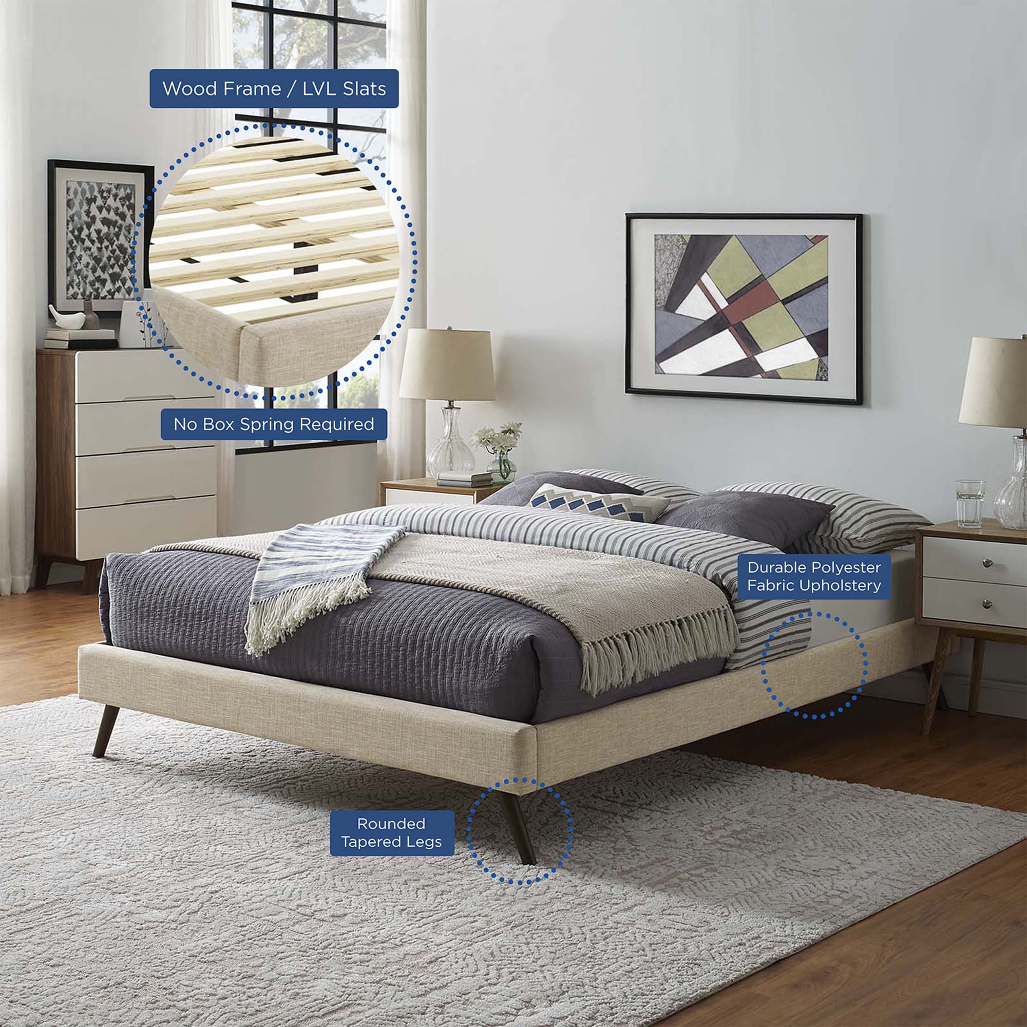 Loryn Fabric Full Bed Frame with Round Splayed Legs, Beige