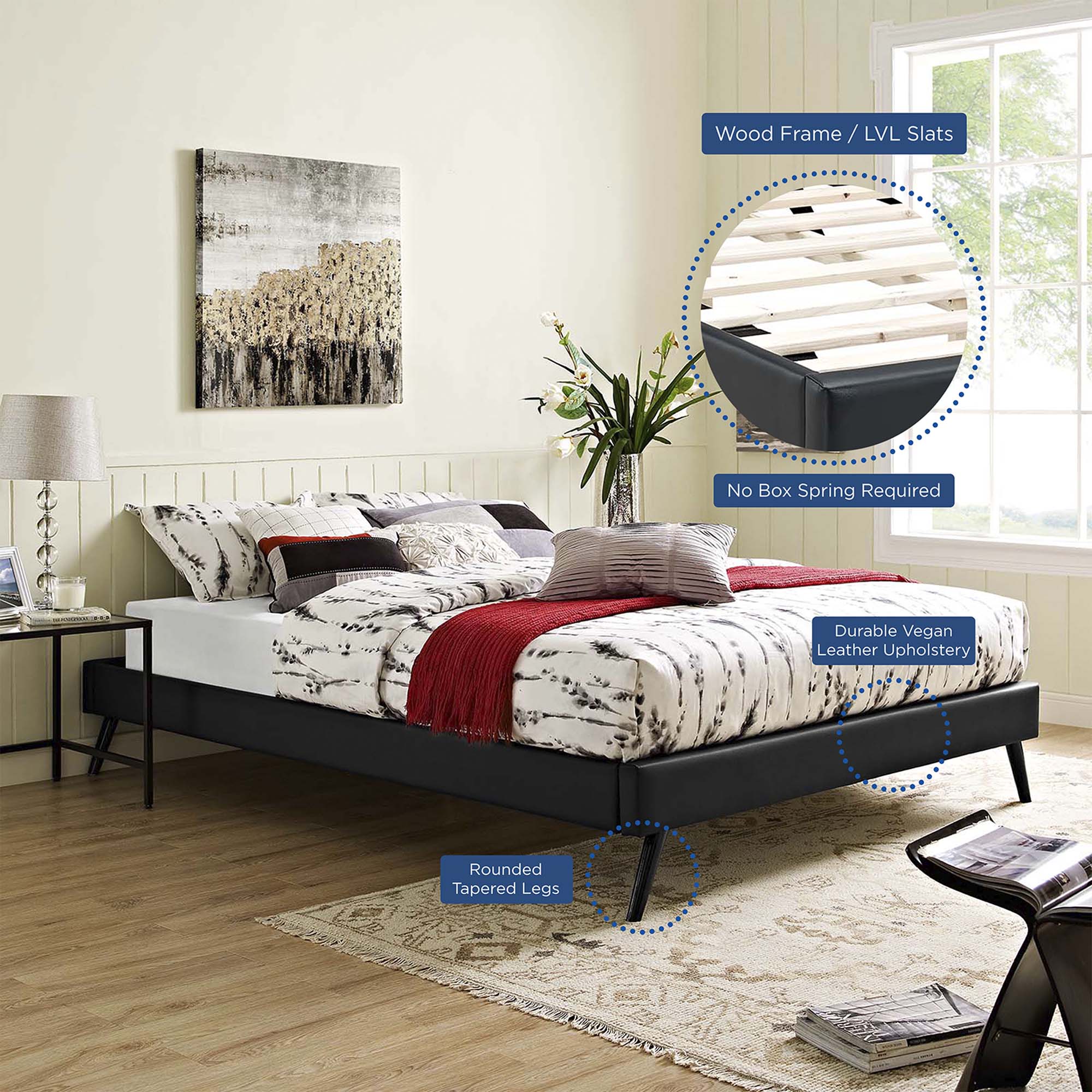 Loryn Vinyl Queen Bed Frame with Round Splayed Legs