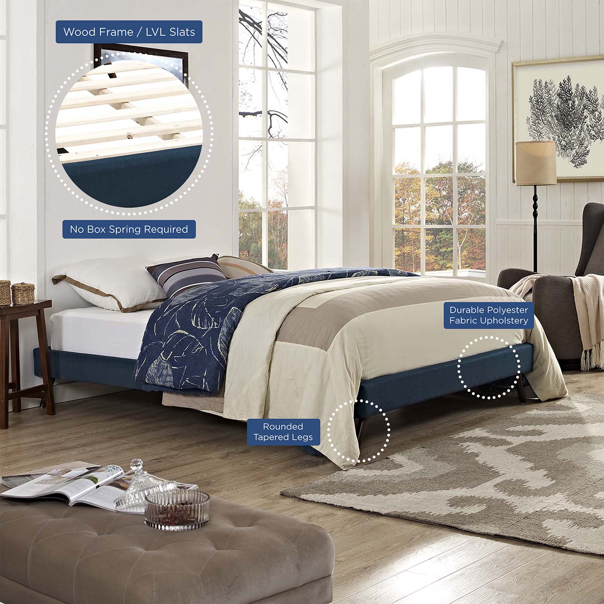 Loryn Azure Queen Fabric Bed Frame with Round Splayed Legs